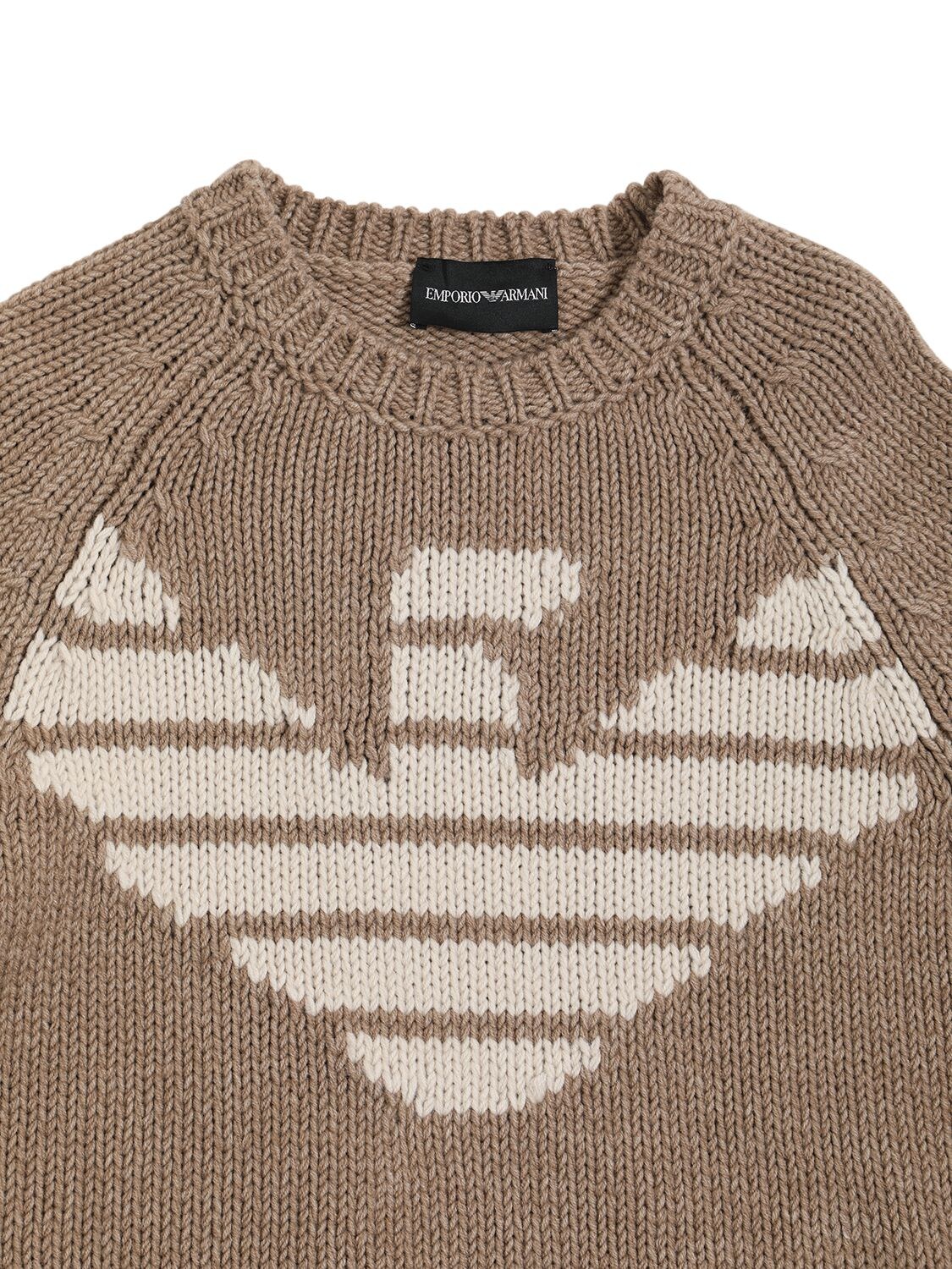 Shop Emporio Armani Intarsia Wool Blend Sweater W/logo In Beige