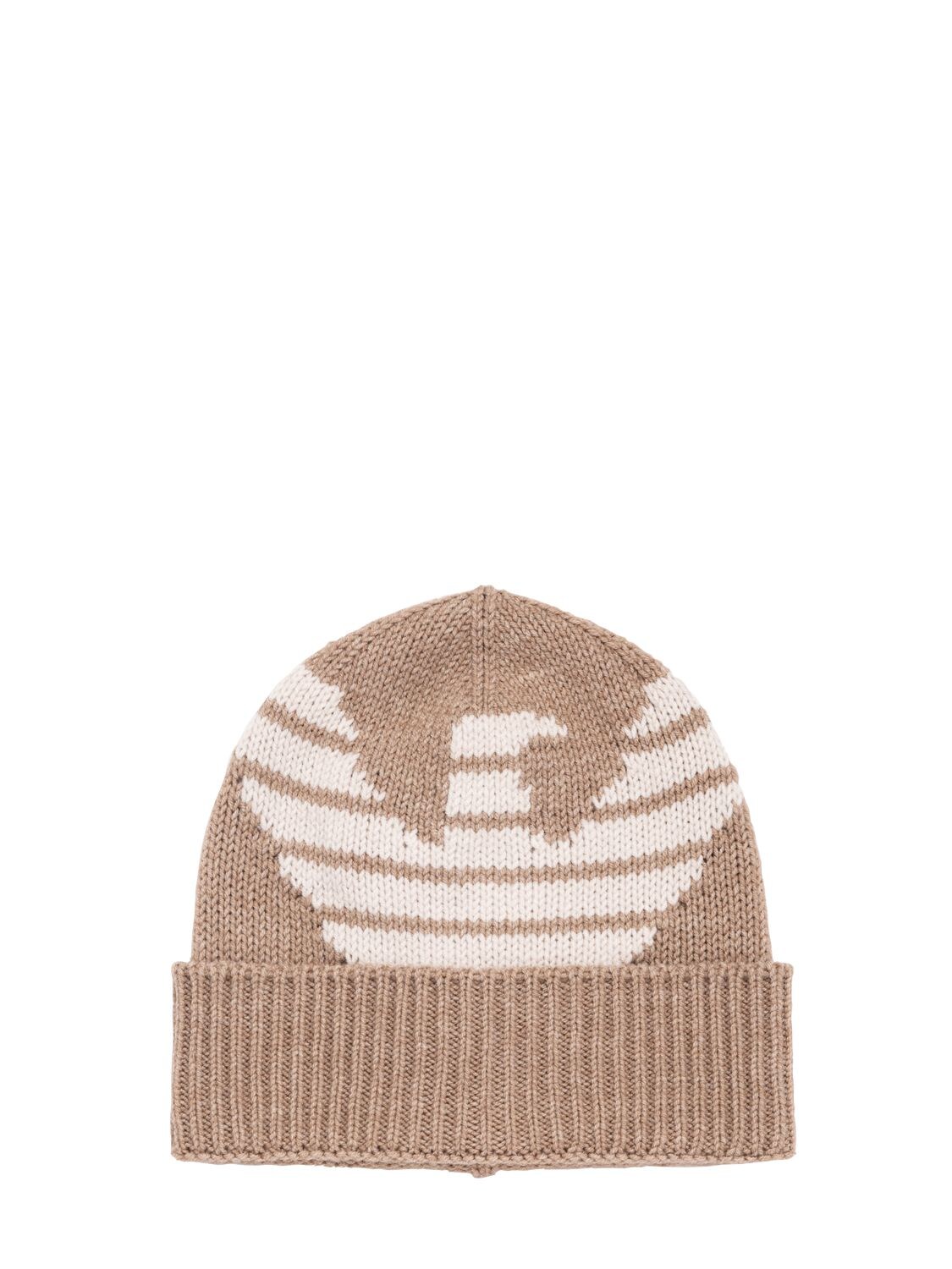 Shop Emporio Armani Wool Blend Knit Scarf & Beanie W/logo In Beige