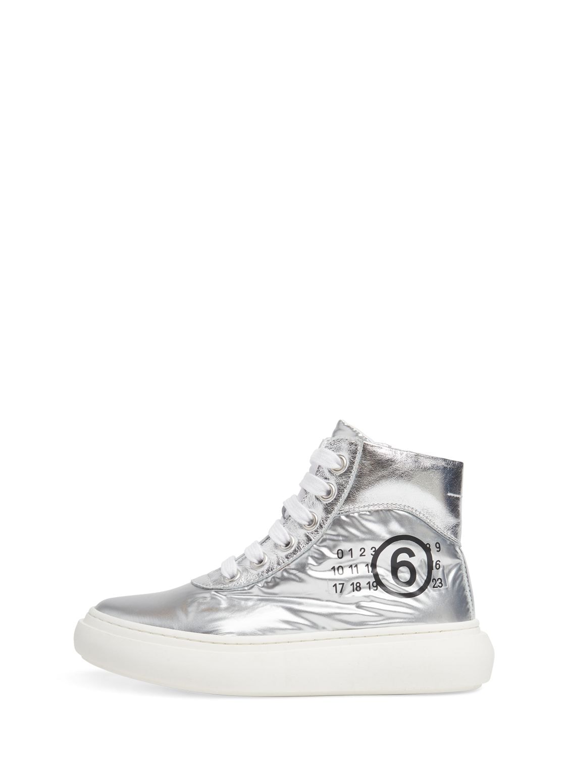 Mm6 Maison Margiela Kids' Logo Print Leather Zip-up Trainers In Silver