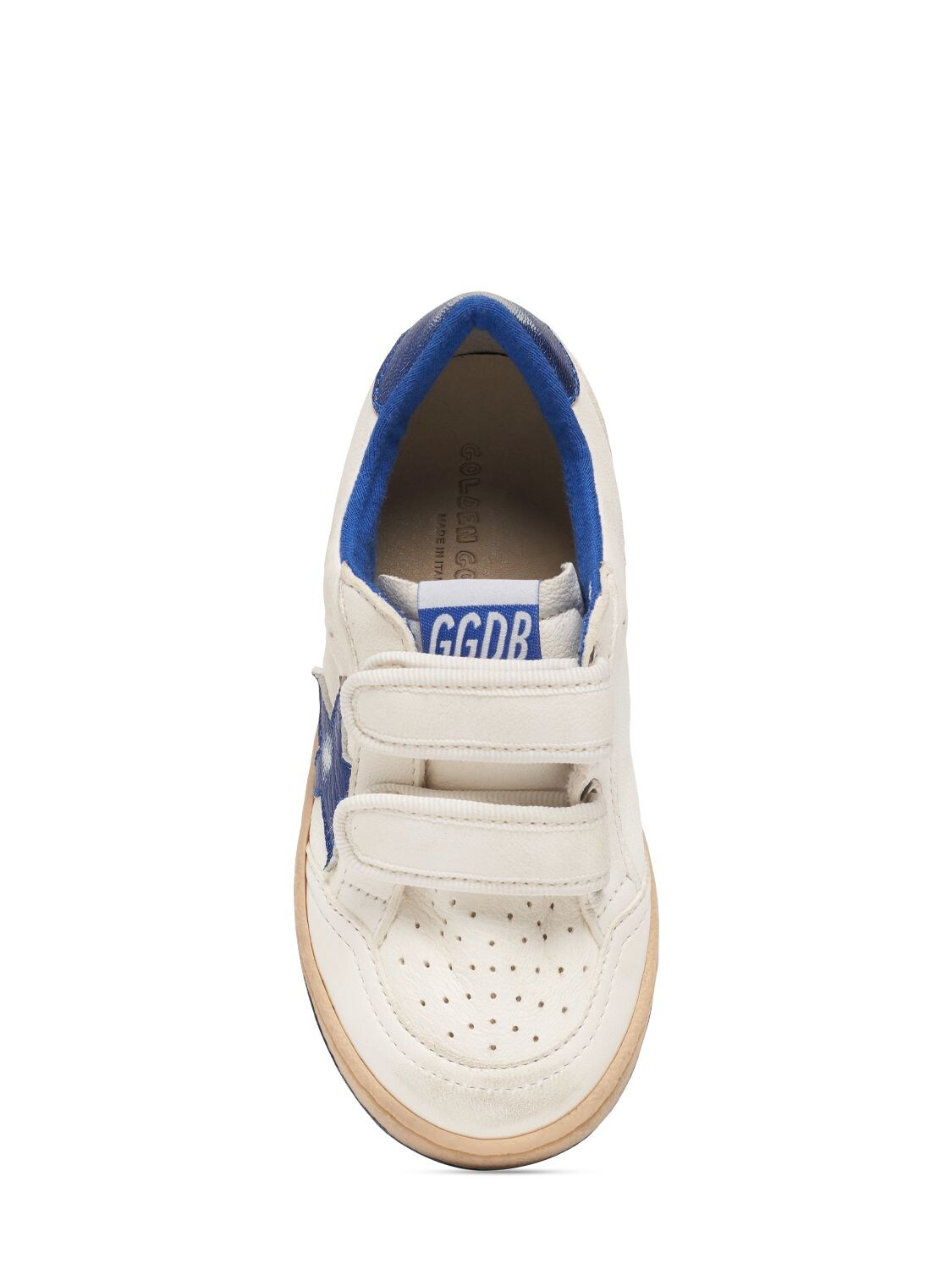 Shop Golden Goose Ballstar Leather Strap Sneakers In White,blue