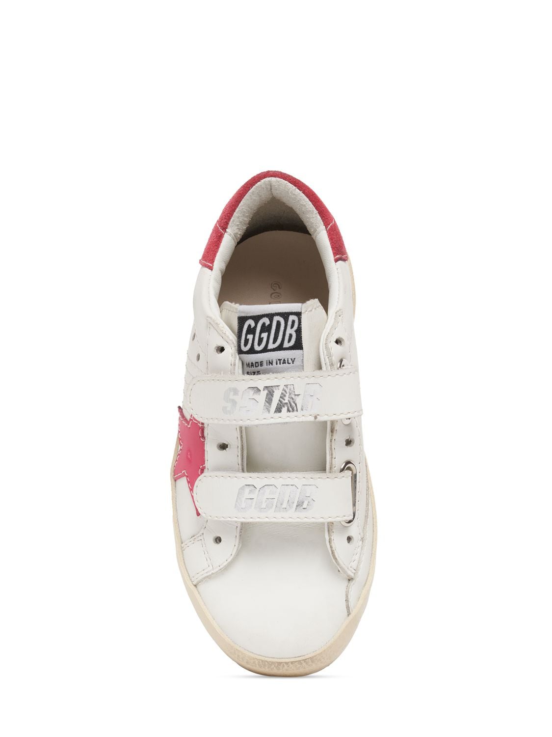 Shop Golden Goose Old School Leather Strap Sneakers In White,fucsia