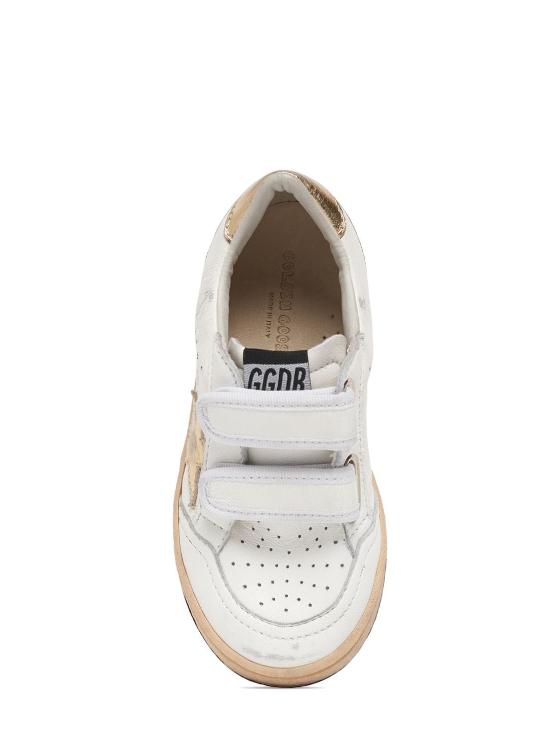 Shop Golden Goose Ballstar Leather Strap Sneakers In White,gold