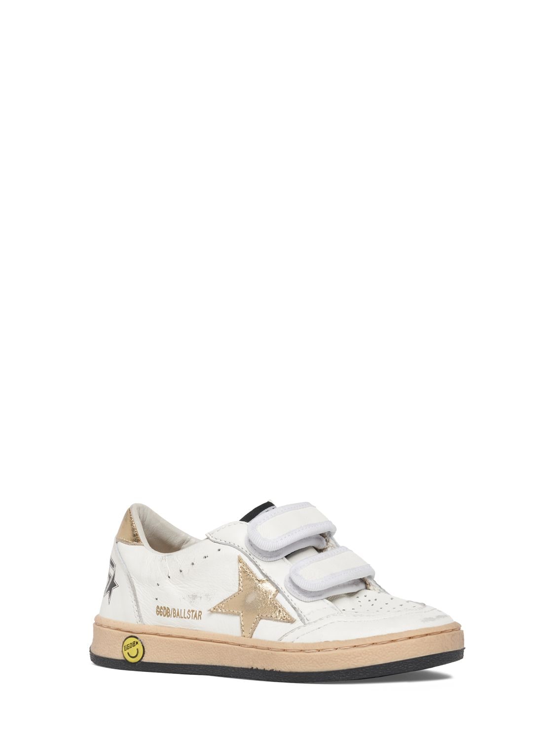 Shop Golden Goose Ballstar Leather Strap Sneakers In White,gold