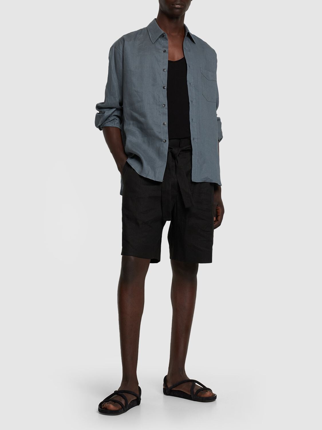 Shop Commas Oversized Linen Shirt W/pocket In Slate