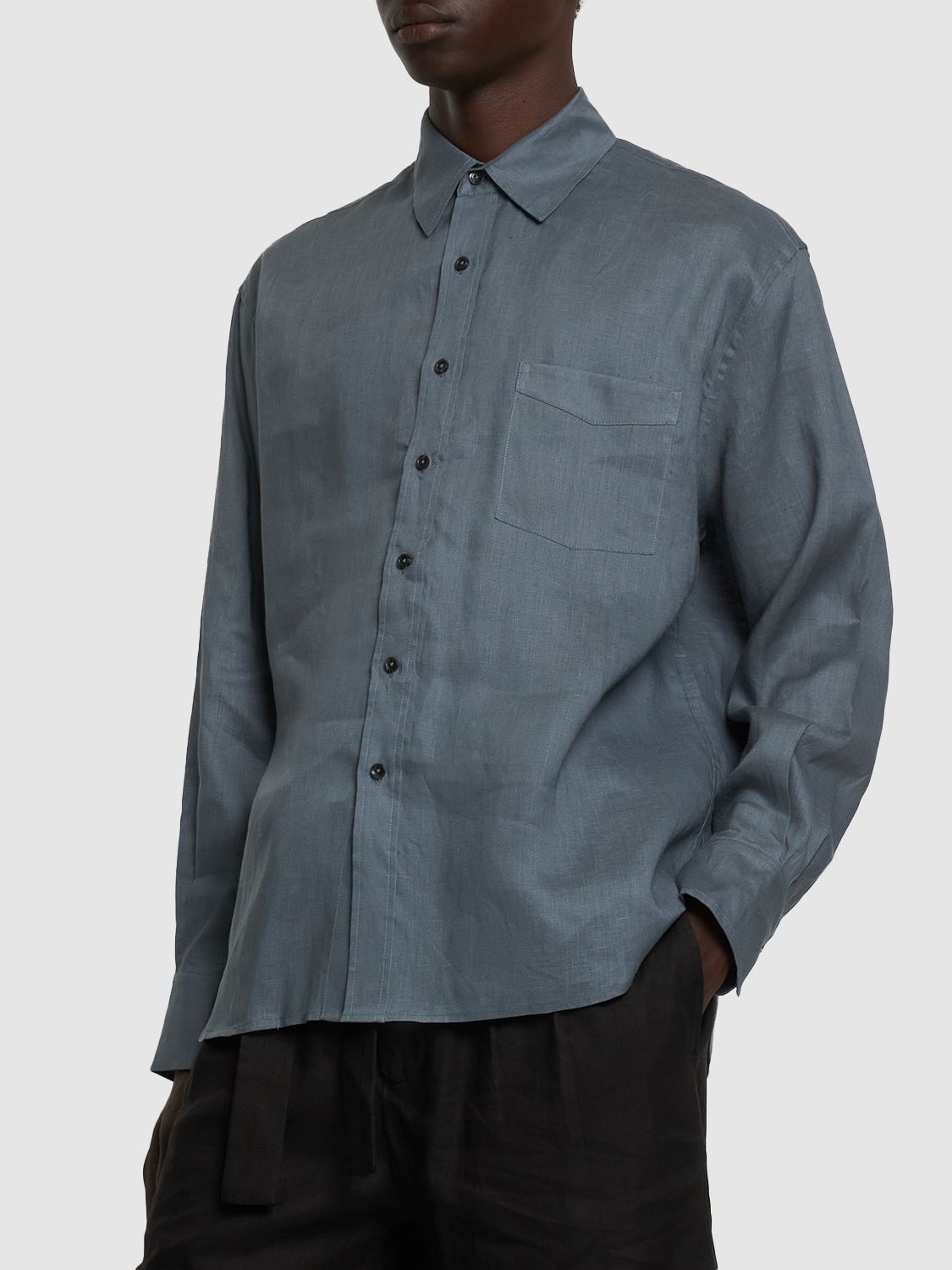 Shop Commas Oversized Linen Shirt W/pocket In Slate