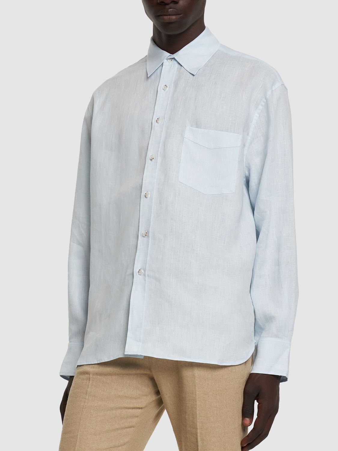 Shop Commas Oversize Linen Shirt W/ Pocket In Sky Blue