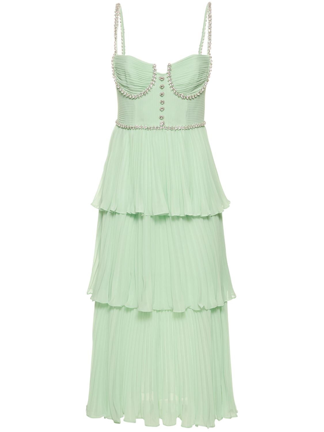 SELF-PORTRAIT TIERED CHIFFON MIDI DRESS W/CRYSTALS