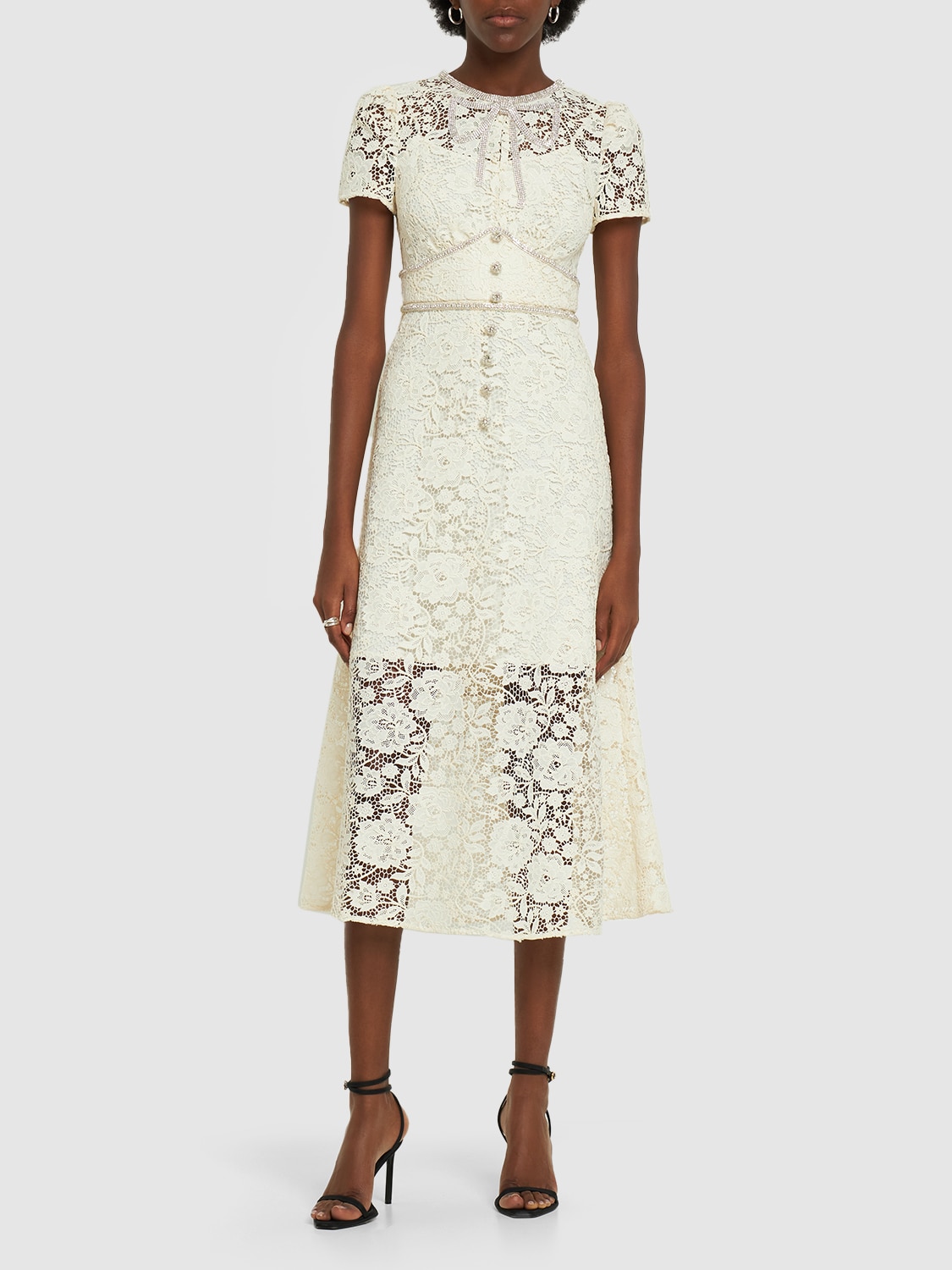 Shop Self-portrait Embellished Lace Midi Dress W/bow In White