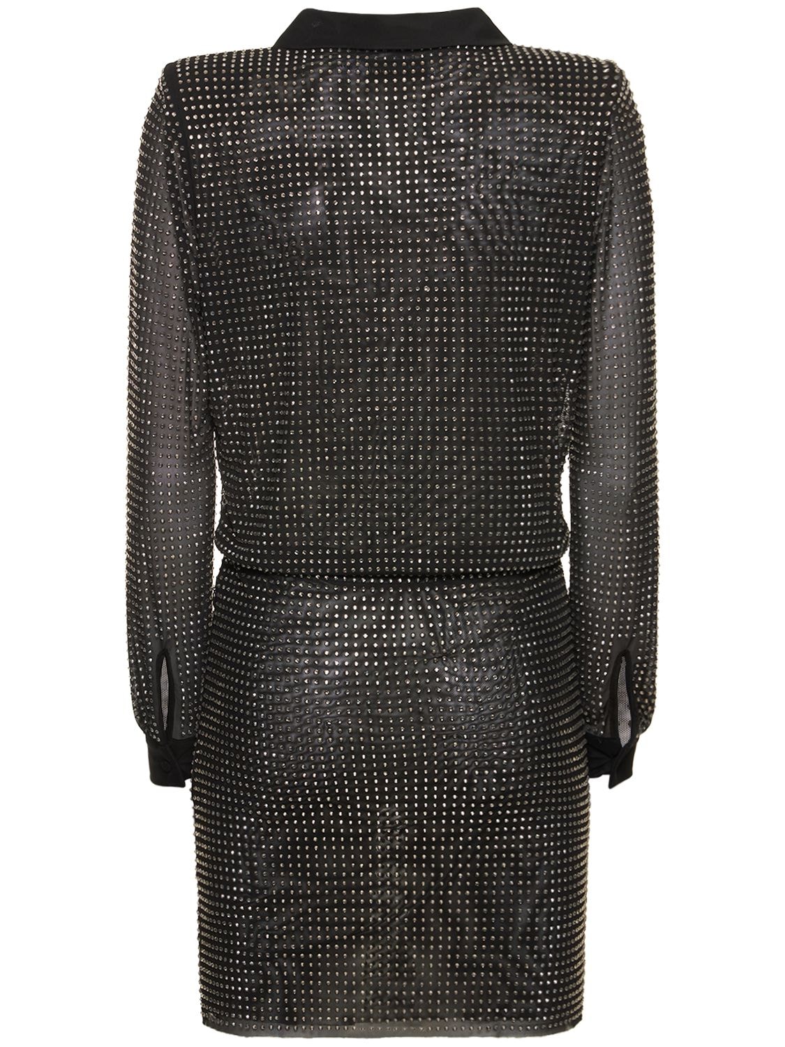 Shop Self-portrait Embellished Mini Shirt Dress In Black