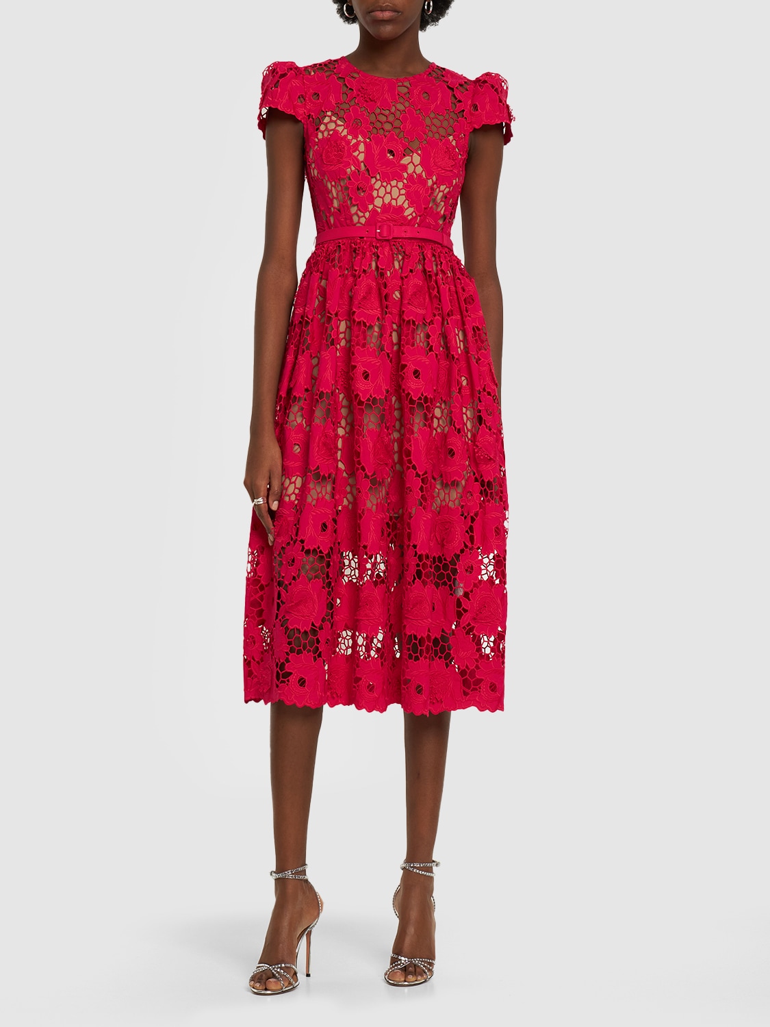 Shop Self-portrait Cotton Lace Midi Dress In Red
