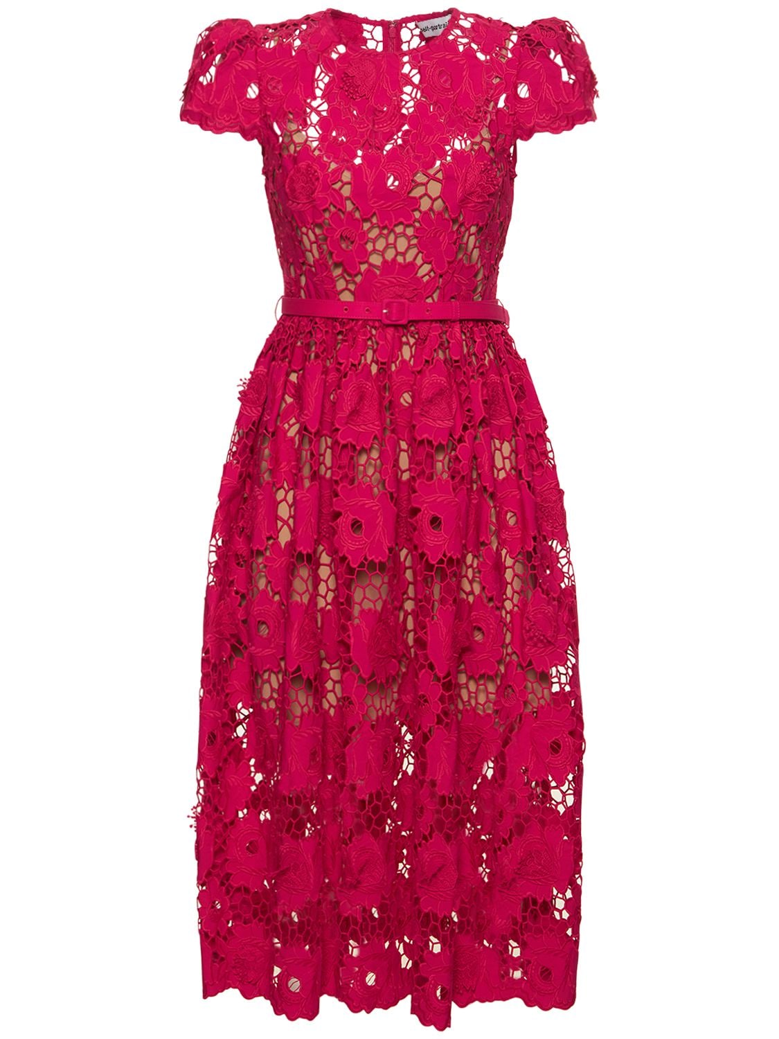 Shop Self-portrait Cotton Lace Midi Dress In Red