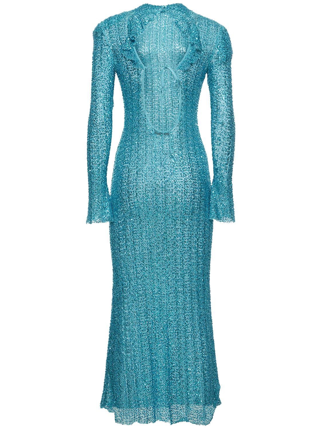 Shop Self-portrait Beaded Knit Maxi Dress In Blue