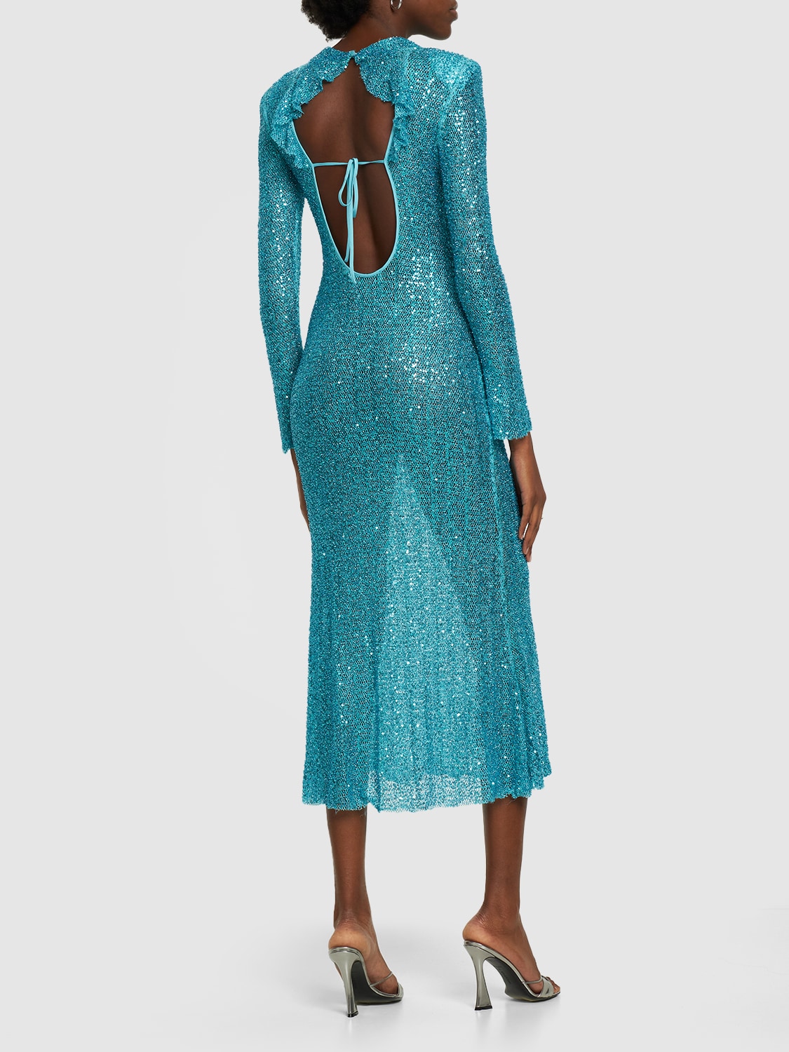 Shop Self-portrait Beaded Knit Maxi Dress In Blue