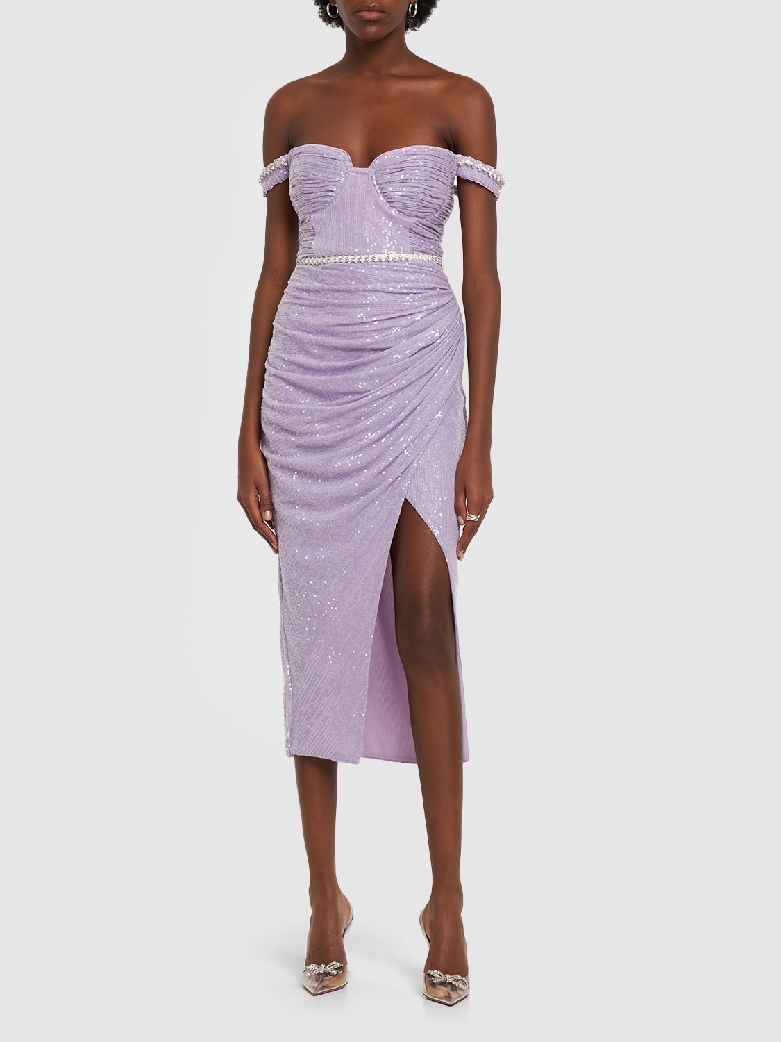 Shop Self-portrait Sequined Off-shoulder Midi Dress In Purple