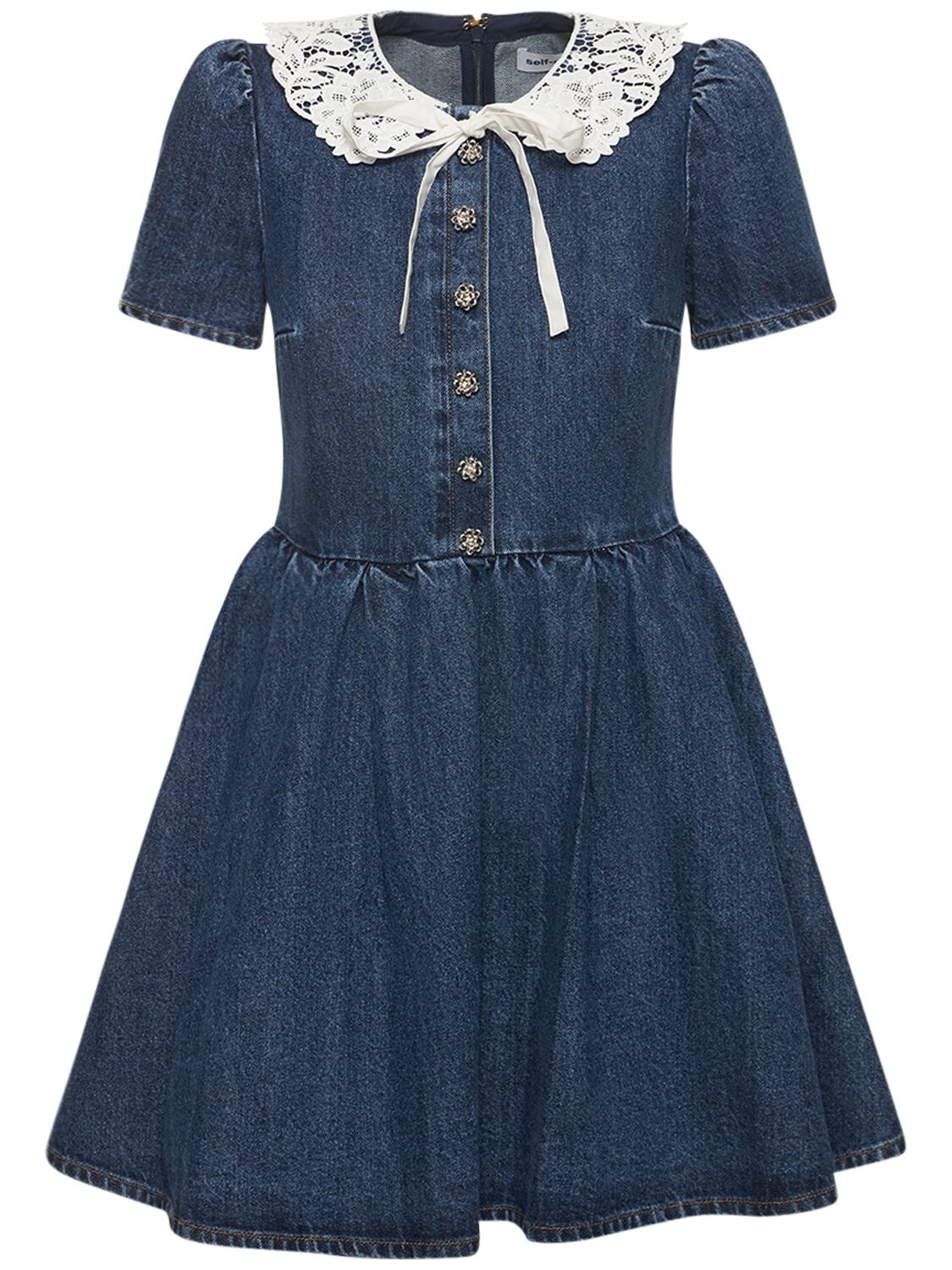 SELF-PORTRAIT Cotton Denim Mini Dress W/lace Collar