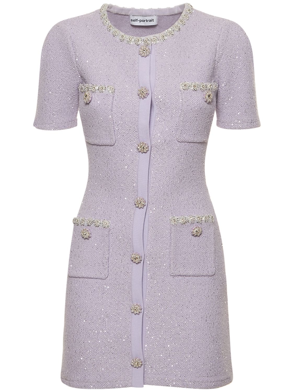 Self-portrait Sequined Knit Mini Dress W/crystals In Purple