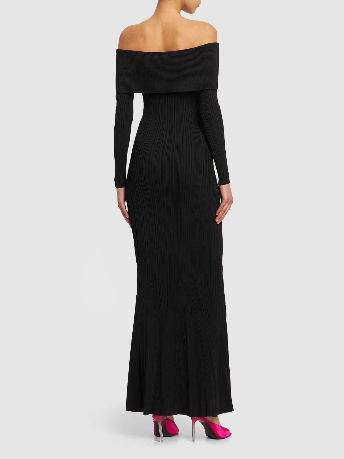 Shop Self-portrait Rib Knit Viscose Maxi Dress In Black
