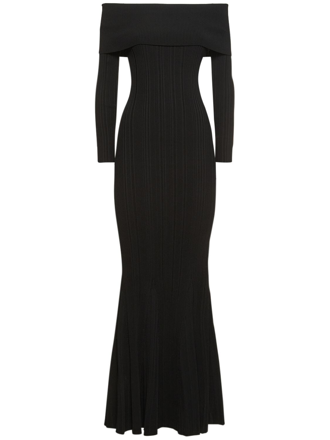 Shop Self-portrait Rib Knit Viscose Maxi Dress In Black