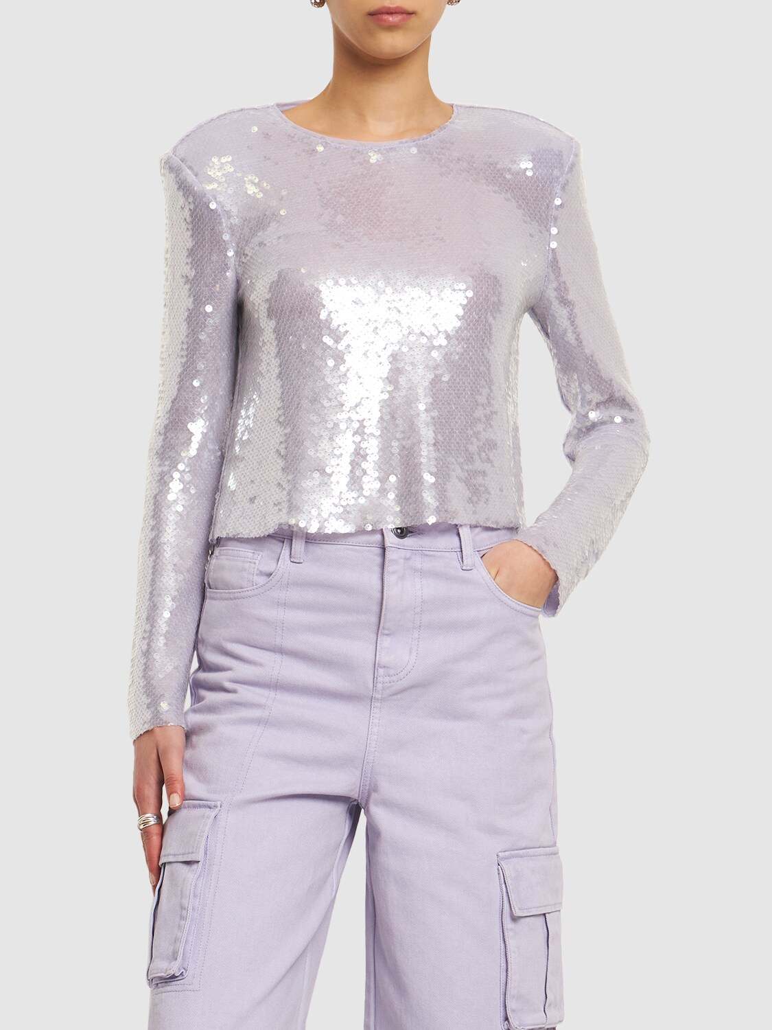 Shop Self-portrait Sequined Long Sleeved Top In Purple