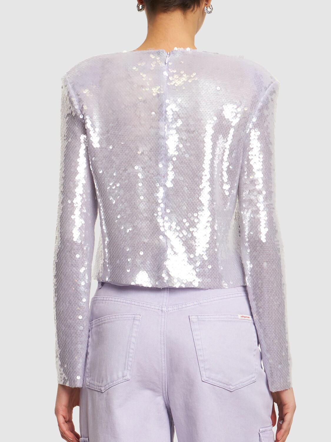 Shop Self-portrait Sequined Long Sleeved Top In Purple