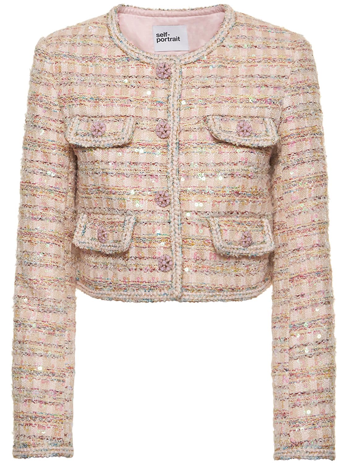 Self-portrait Pink Short Jacket With Paillettes And Jewel Buttons In Tweed Woman In Neutrals