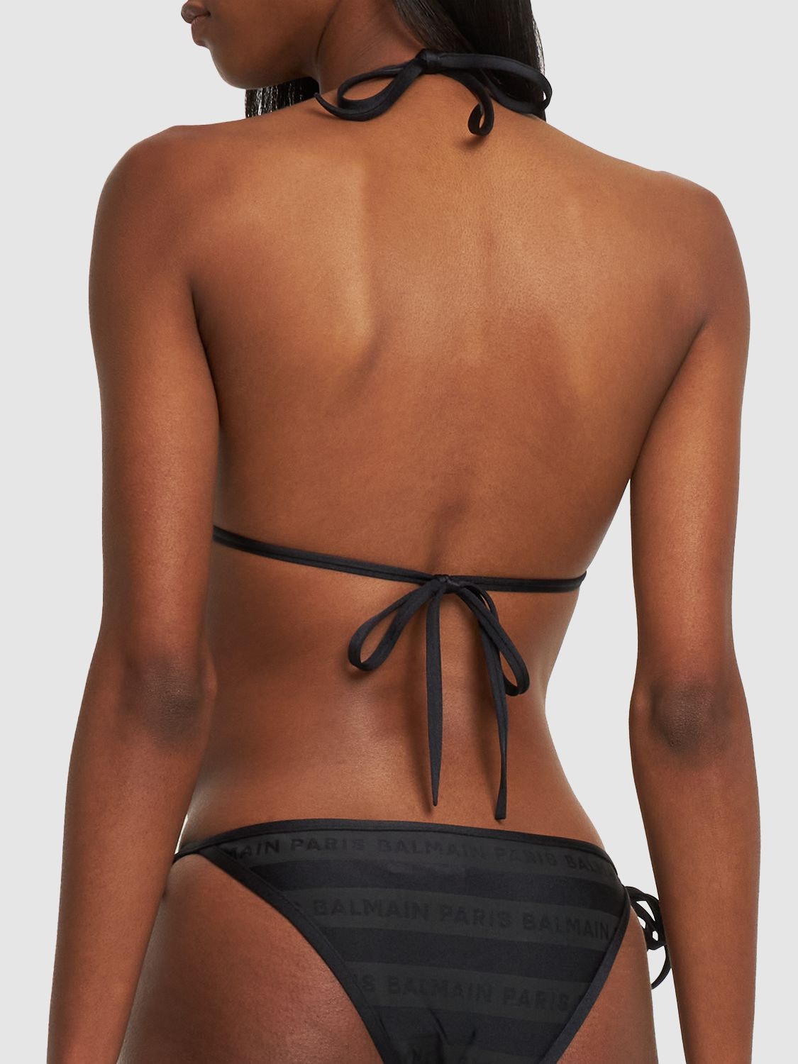 Shop Balmain Striped Tone-on-tone Triangle Bikini In Black