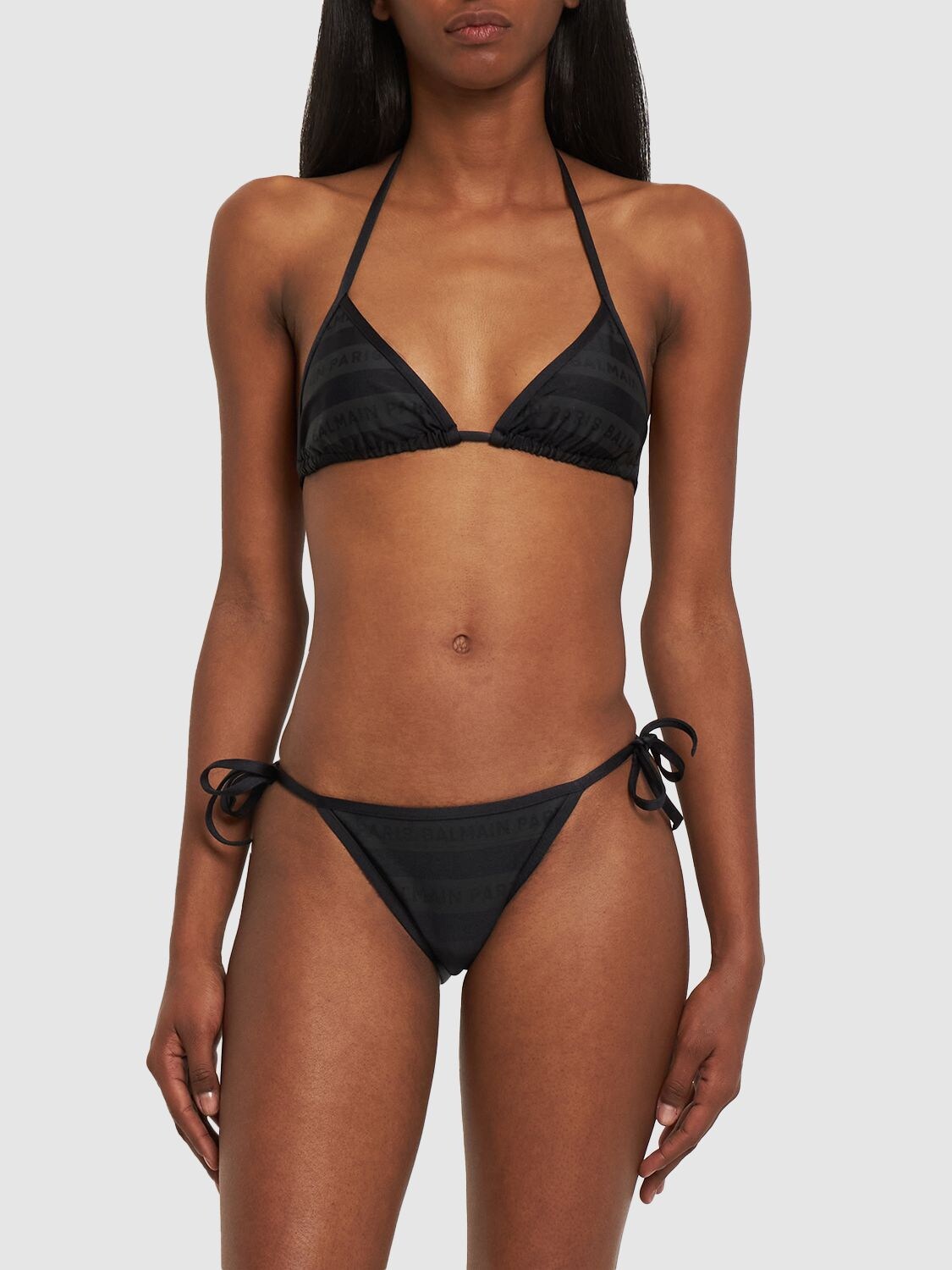 Shop Balmain Striped Tone-on-tone Triangle Bikini In Black