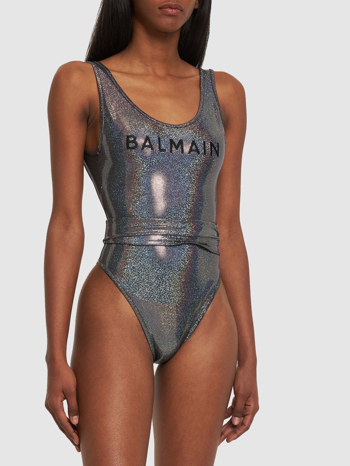 Shop Balmain Iridescent Logo Print Belted Swimsuit In Black,silver