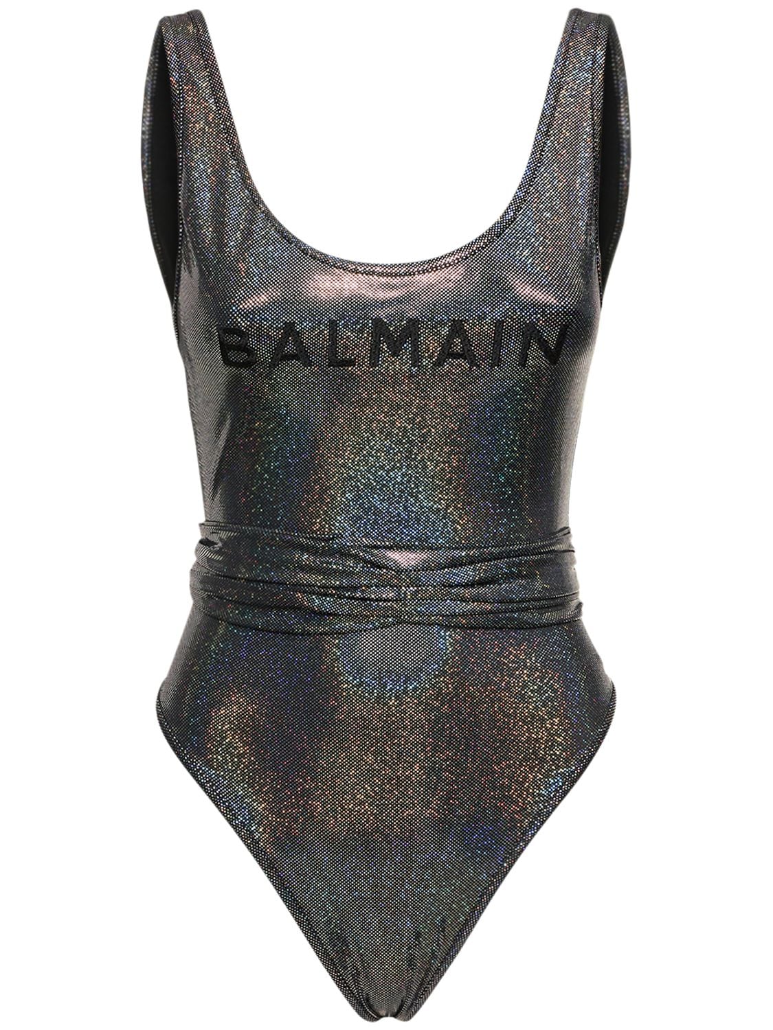 Balmain Iridescent Logo Print Belted Swimsuit In Black,silver