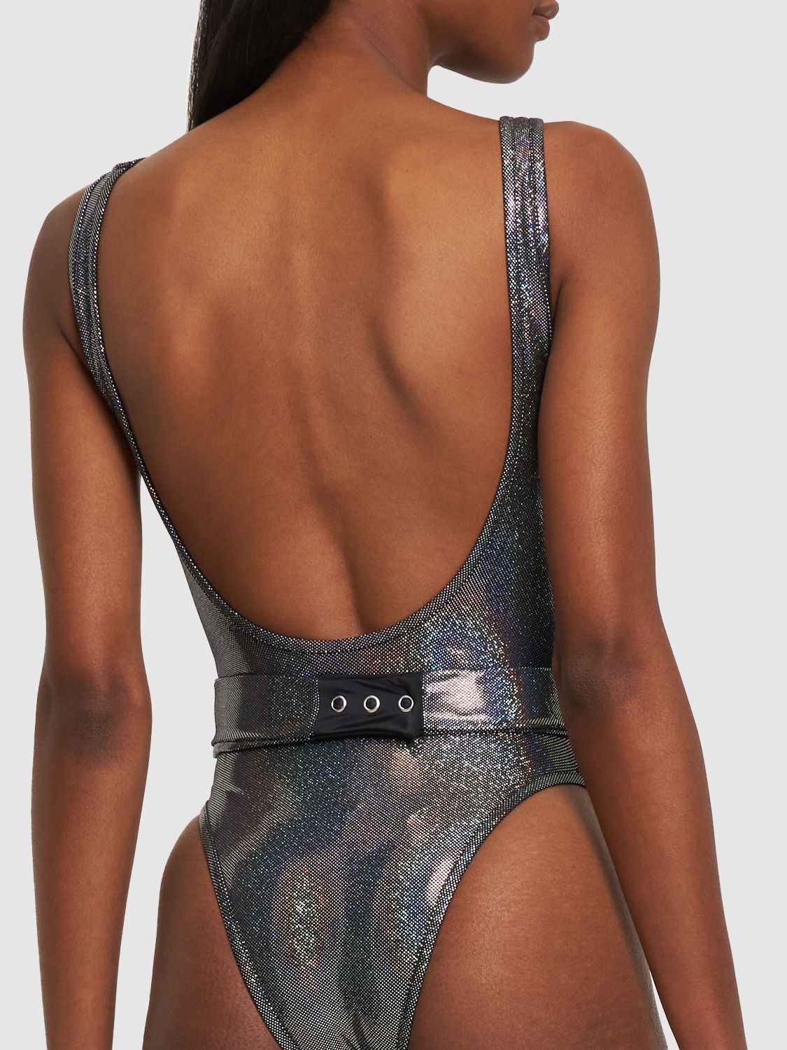 Shop Balmain Iridescent Logo Print Belted Swimsuit In Black,silver