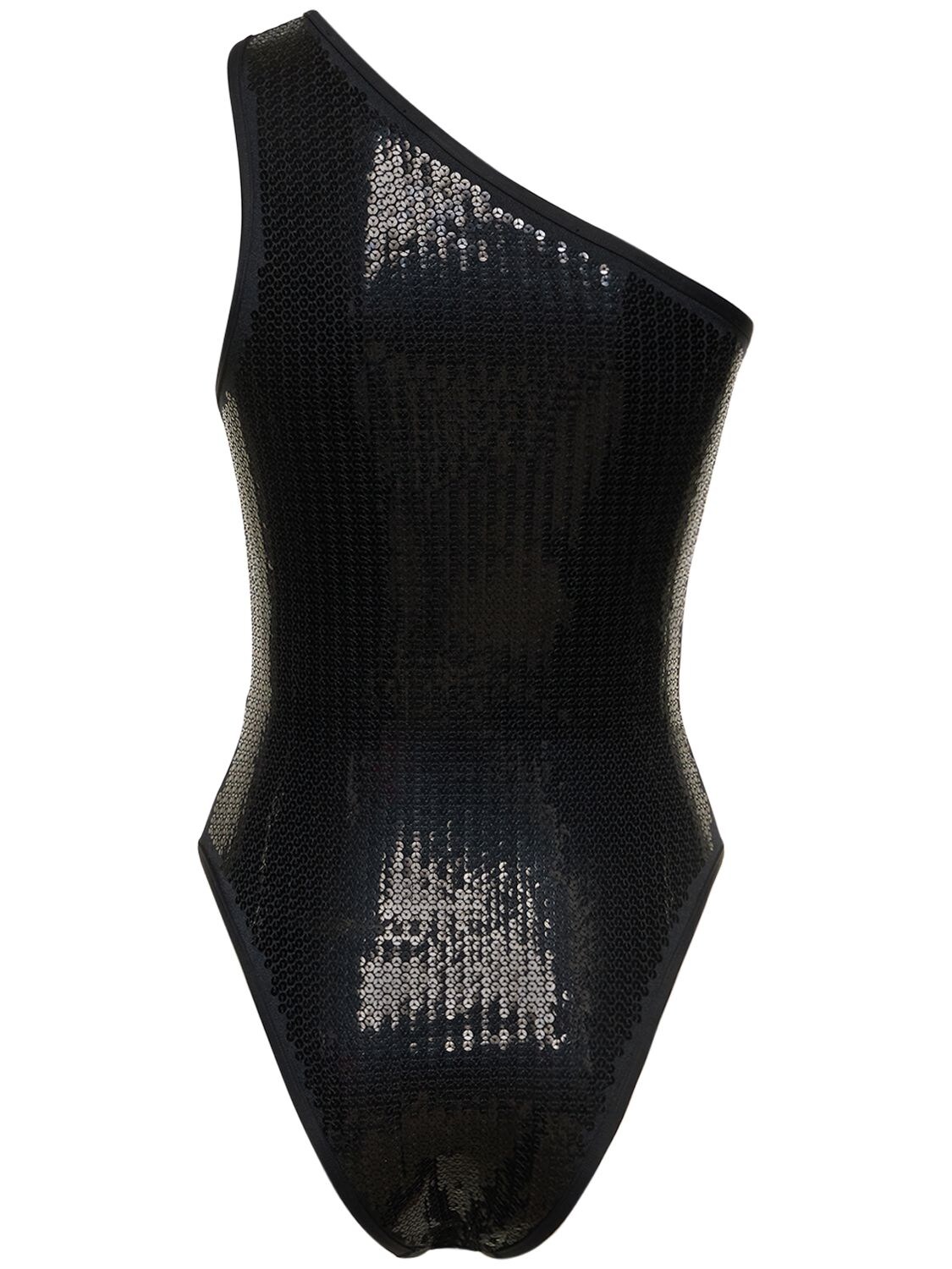 Shop Balmain Sequined One Piece Swimsuit W/ Belt In Black