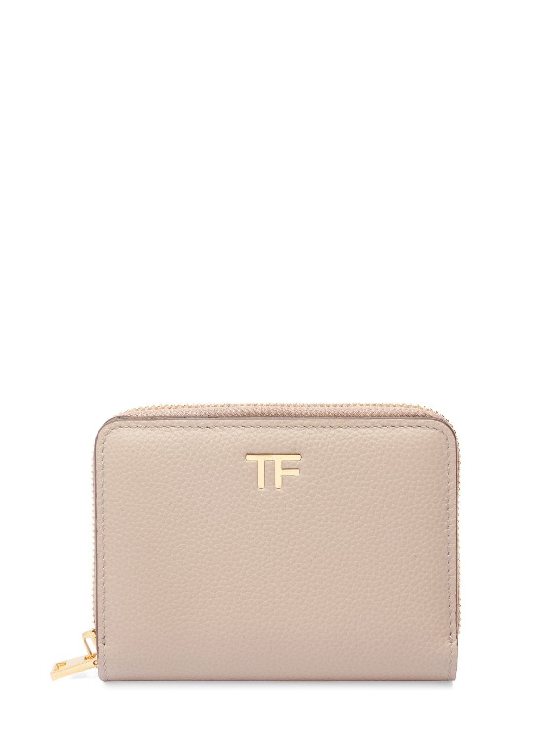 Tom Ford Logo Leather Combat Zip Wallet In Silk Taupe