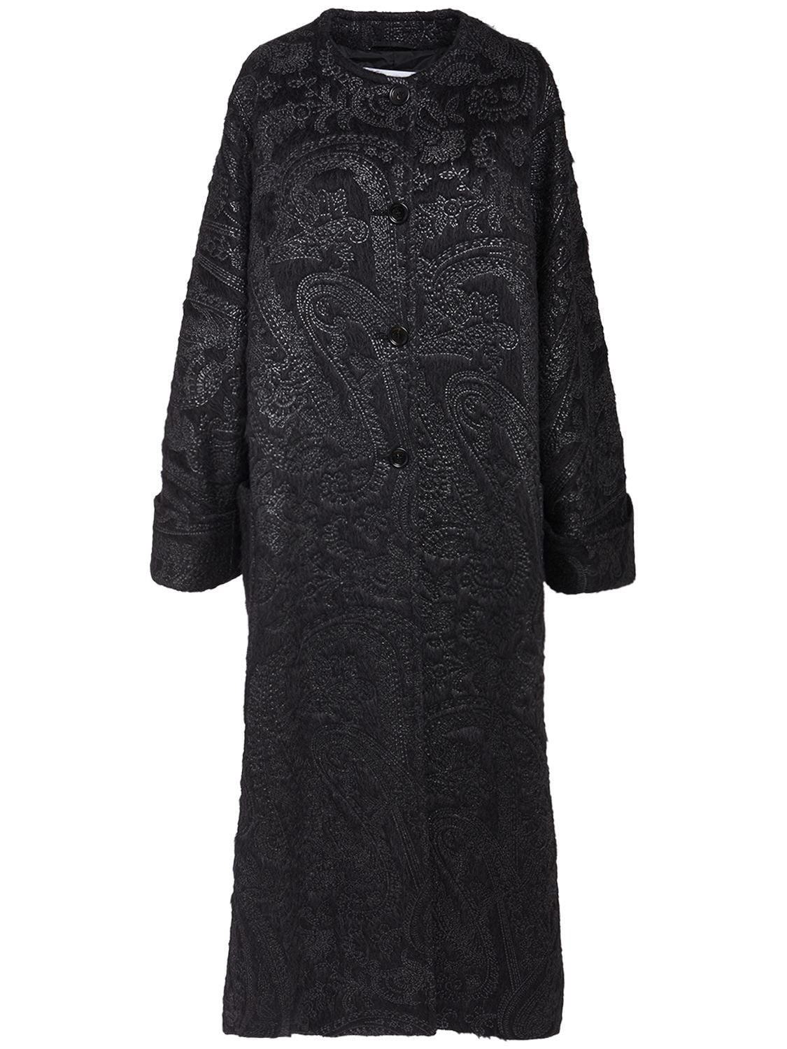 Max Mara Ninfe Embroidered Alpaca Long Coat In Black