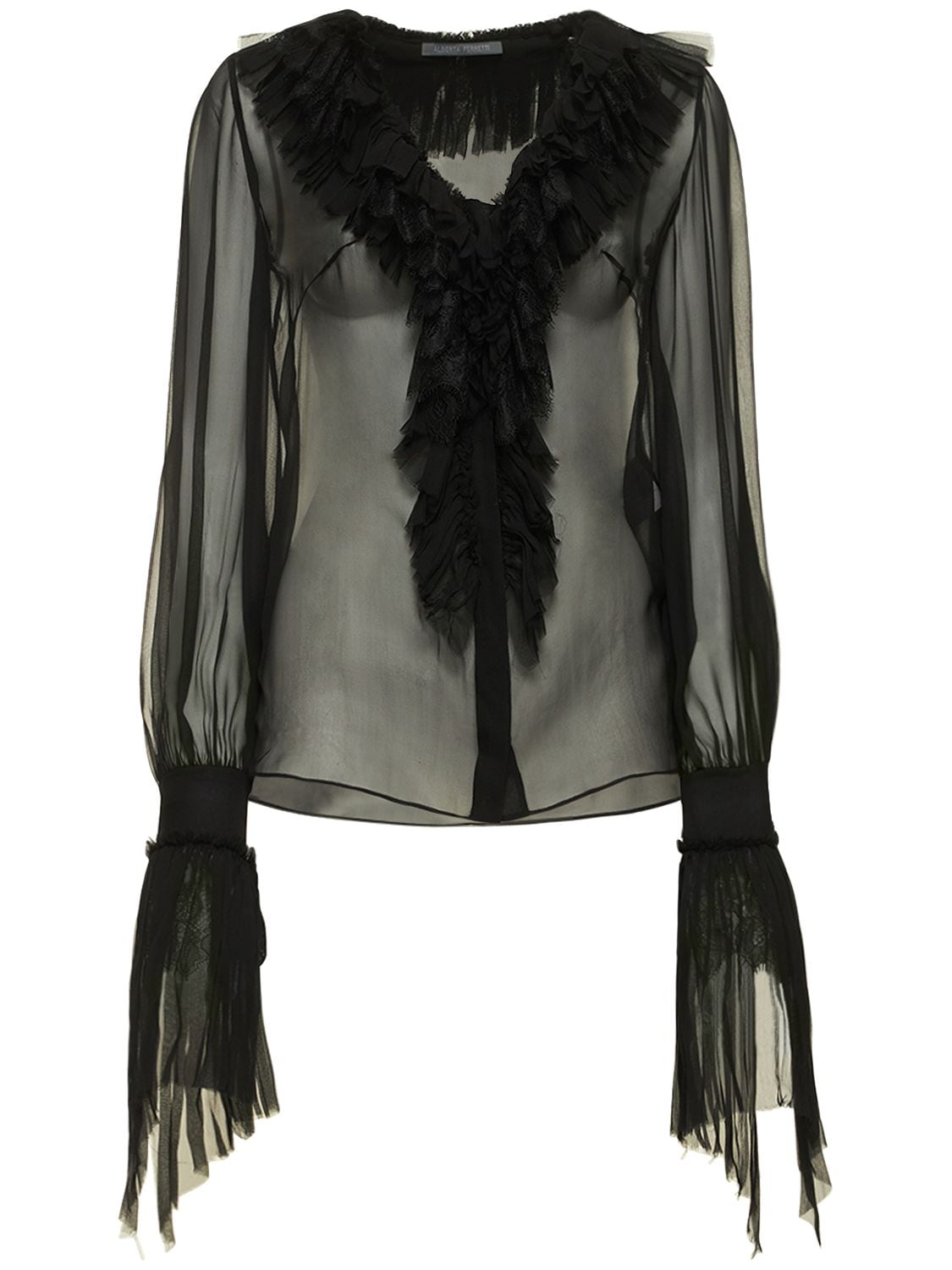 Alberta Ferretti Ruffled Silk Chiffon Shirt In Black