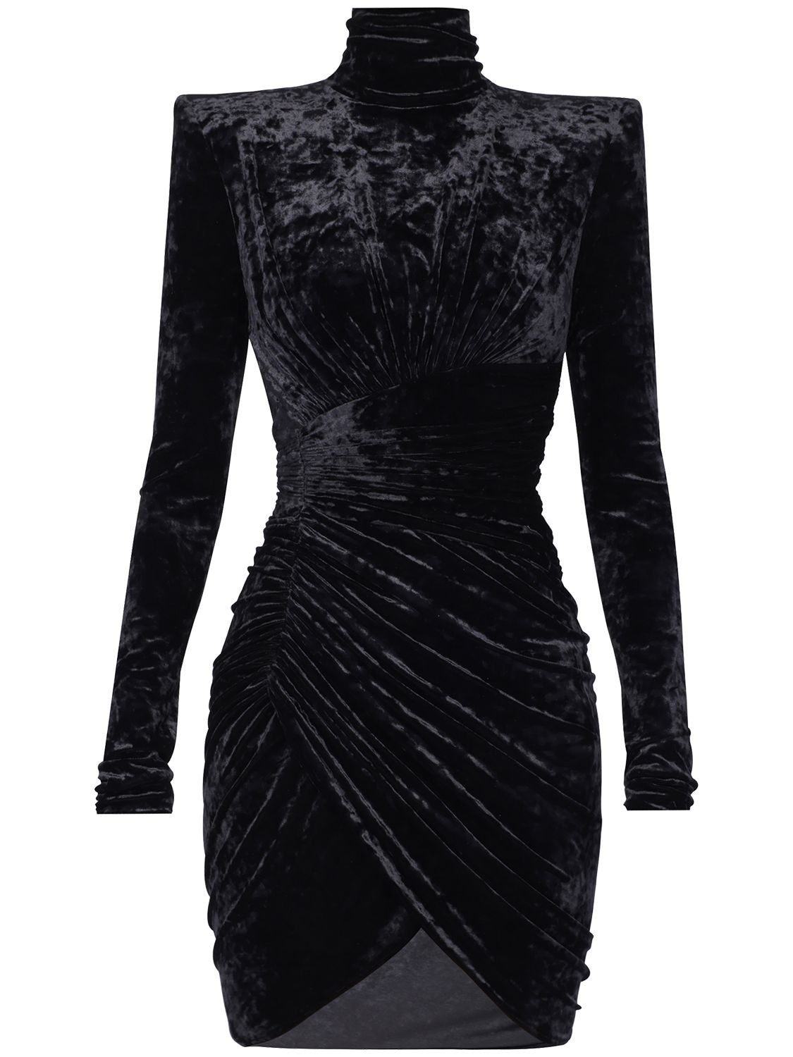 Alexandre Vauthier Crushed Velvet Turtleneck Mini Dress In Black