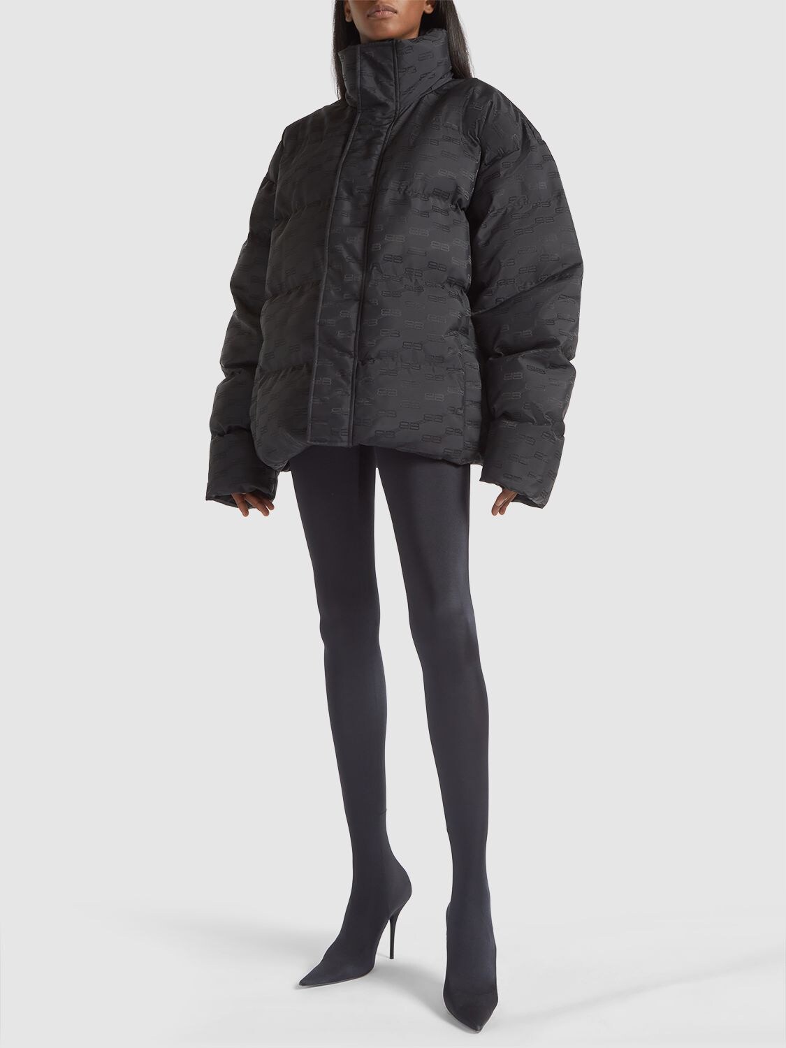 Shop Balenciaga Monogram Jacquard Nylon Puffer Jacket In Black