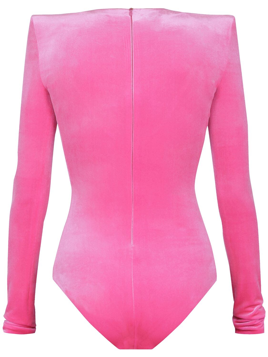 Shop Alexandre Vauthier Long Sleeve Velvet Crewneck Bodysuit In Fuchsia