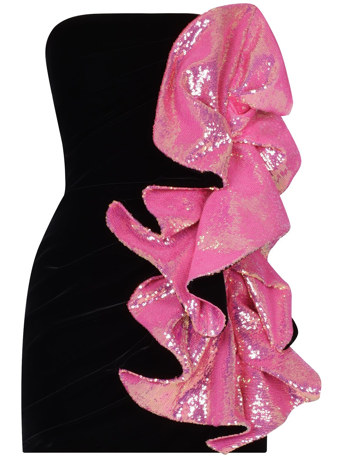 Shop Alexandre Vauthier Sequined Jersey Mini Dress W/ Ruffles In Black,pink