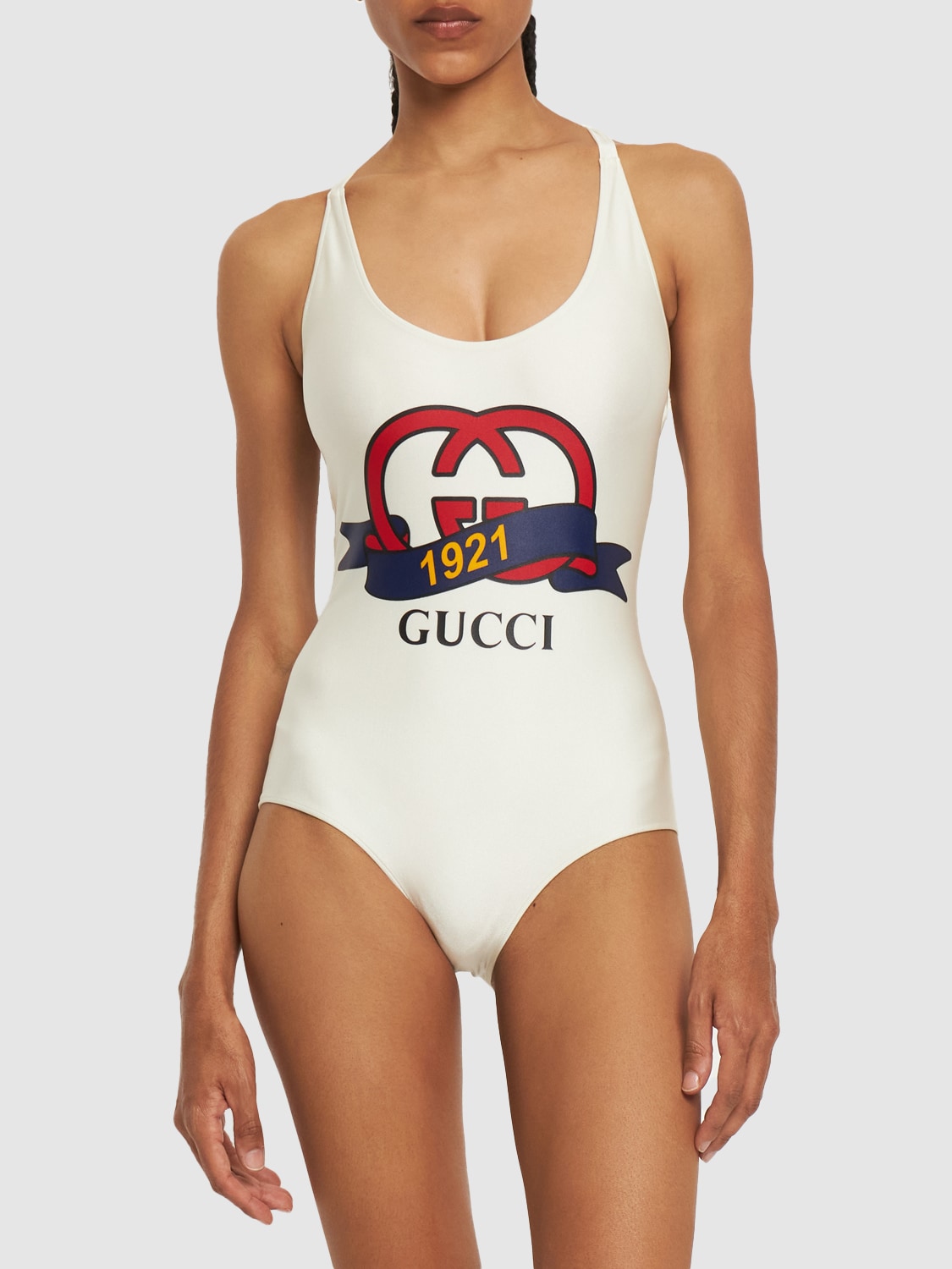 Shop Gucci Shimmery Stretch Jersey Swimsuit W/logo In Ivory