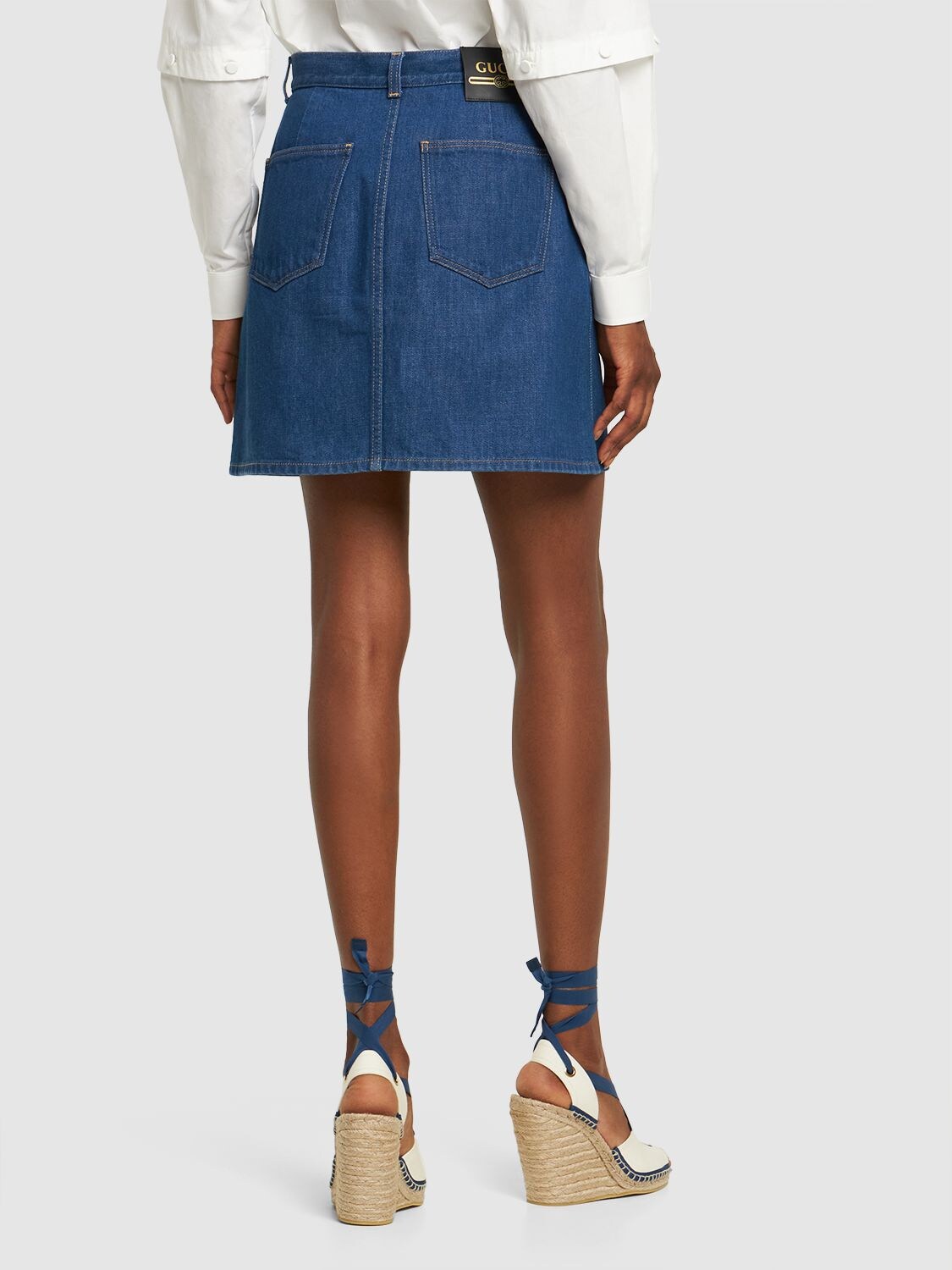 Shop Gucci Organic Denim Mini Skirt W/ Web Belt In Blue