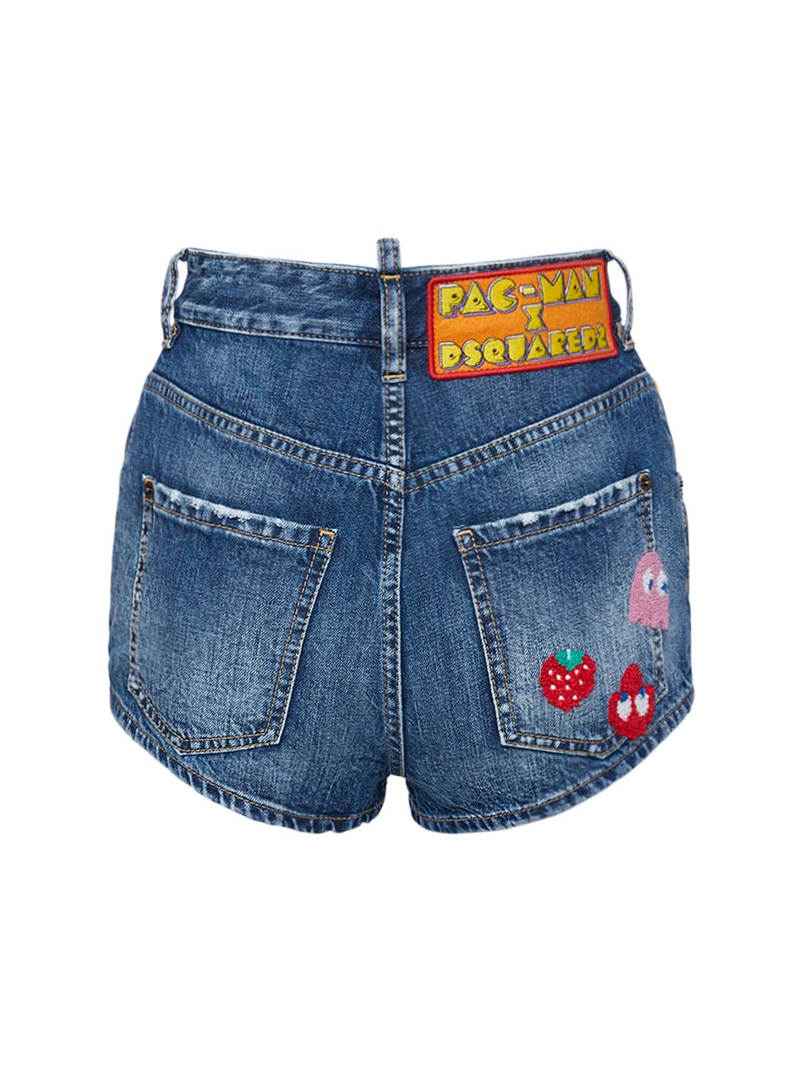 Shop Dsquared2 Pac-man Cotton Denim Hot Pants In Blue