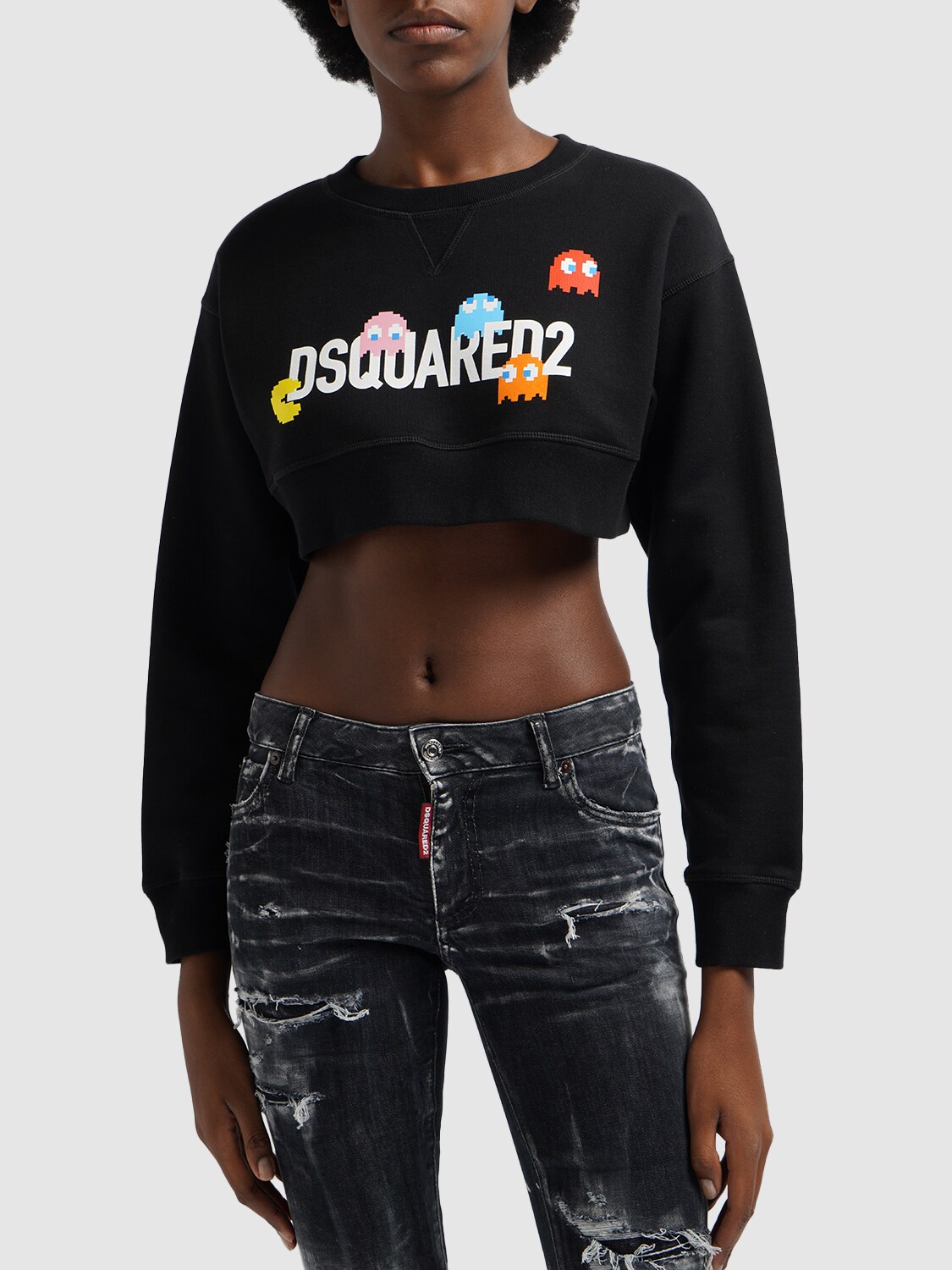 Shop Dsquared2 Pac-man Logo Printed Crop Sweatshirt In Multicolor