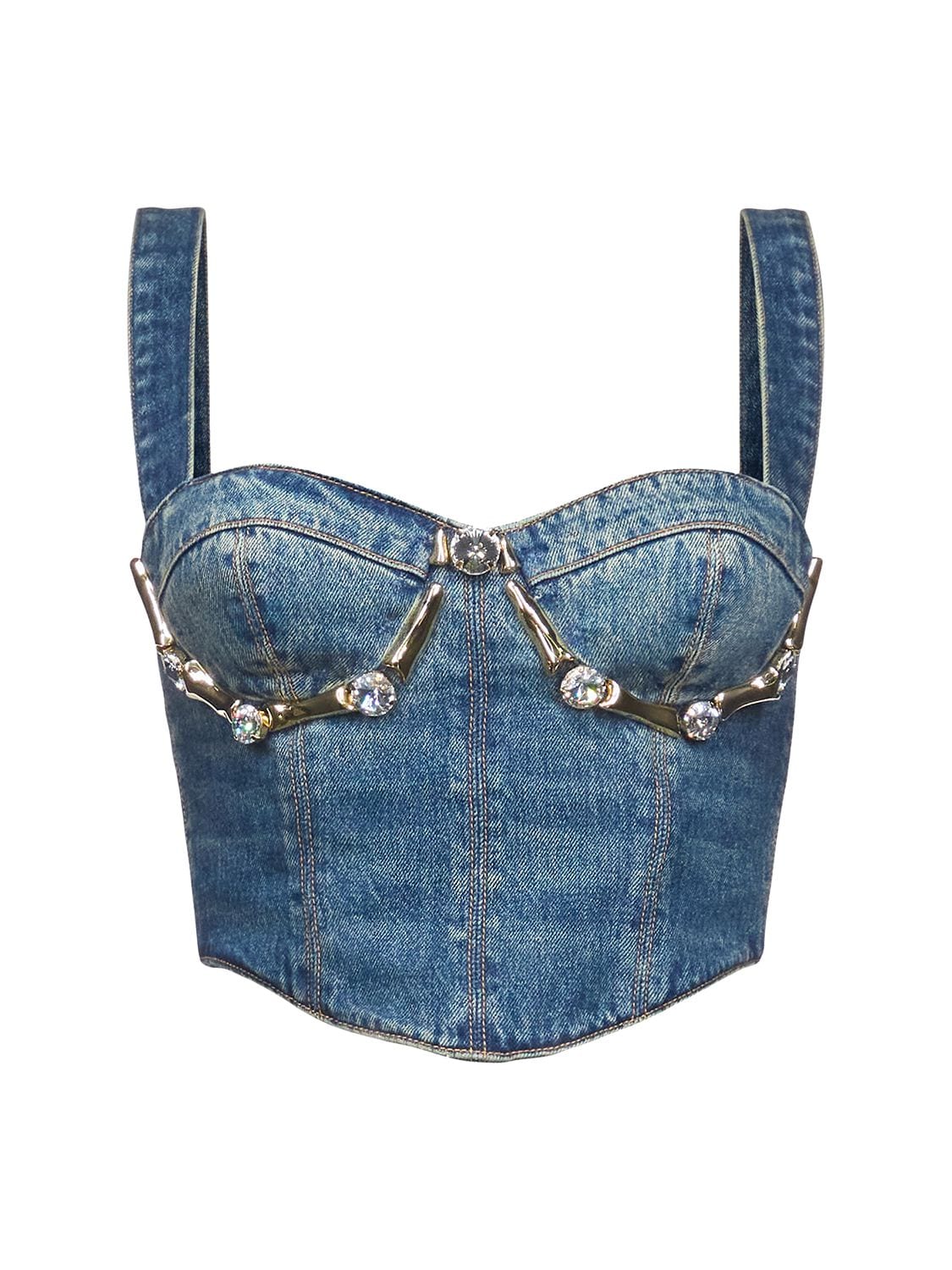 Shop Area Embellished Claw Cup Denim Bustier In Blue