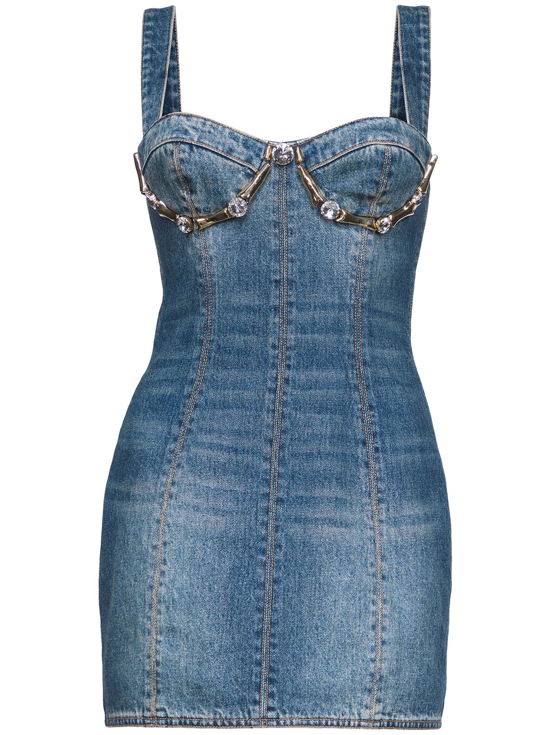 Image of Embellished Claw Cup Denim Mini Dress