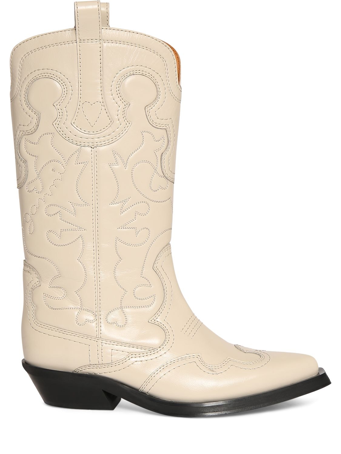 Ganni 40mm Mid Shaft Embroidered Western Boots In Off White