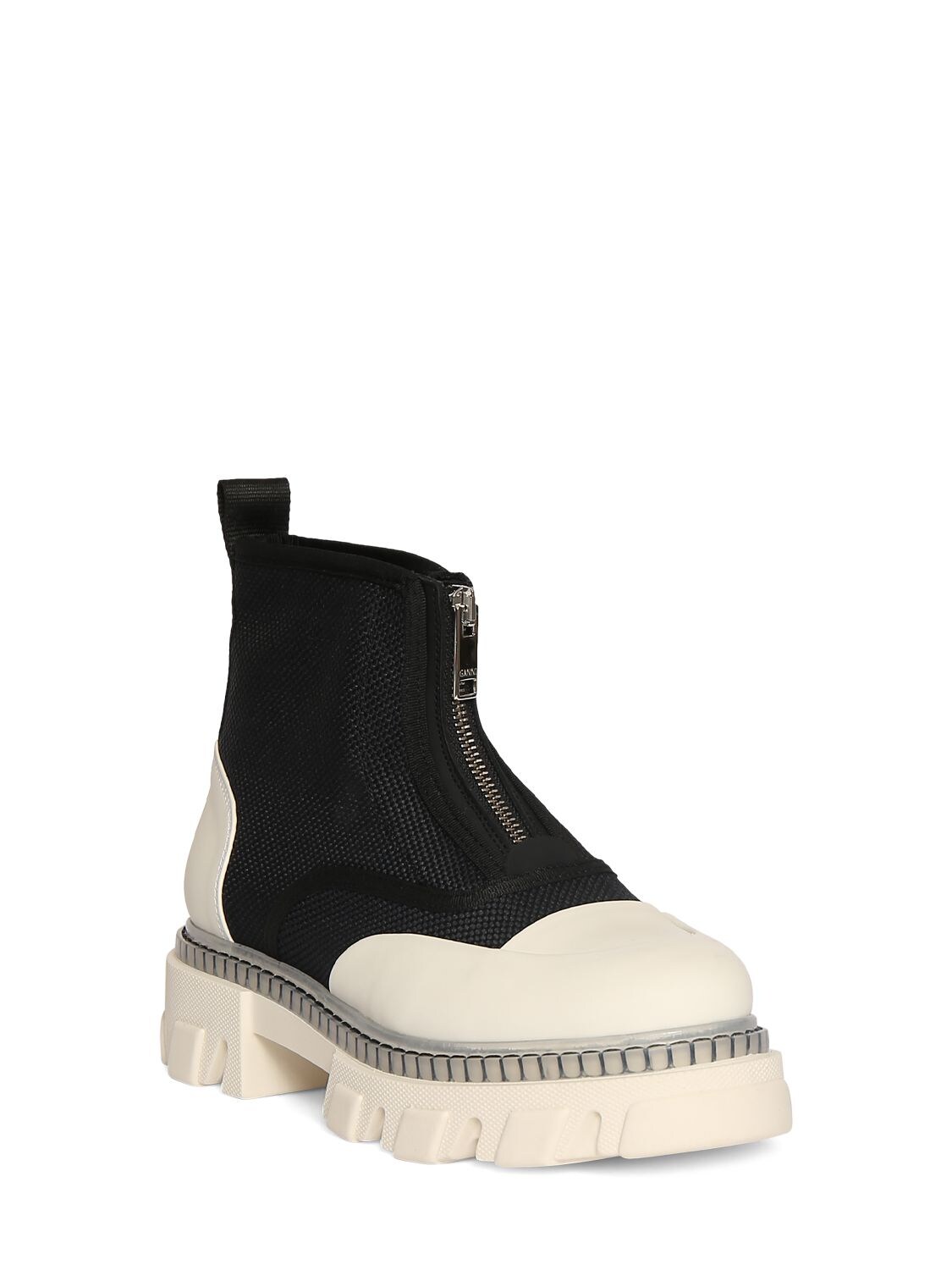 Shop Ganni 50mm Cleated Low Zip Boots In Black,white