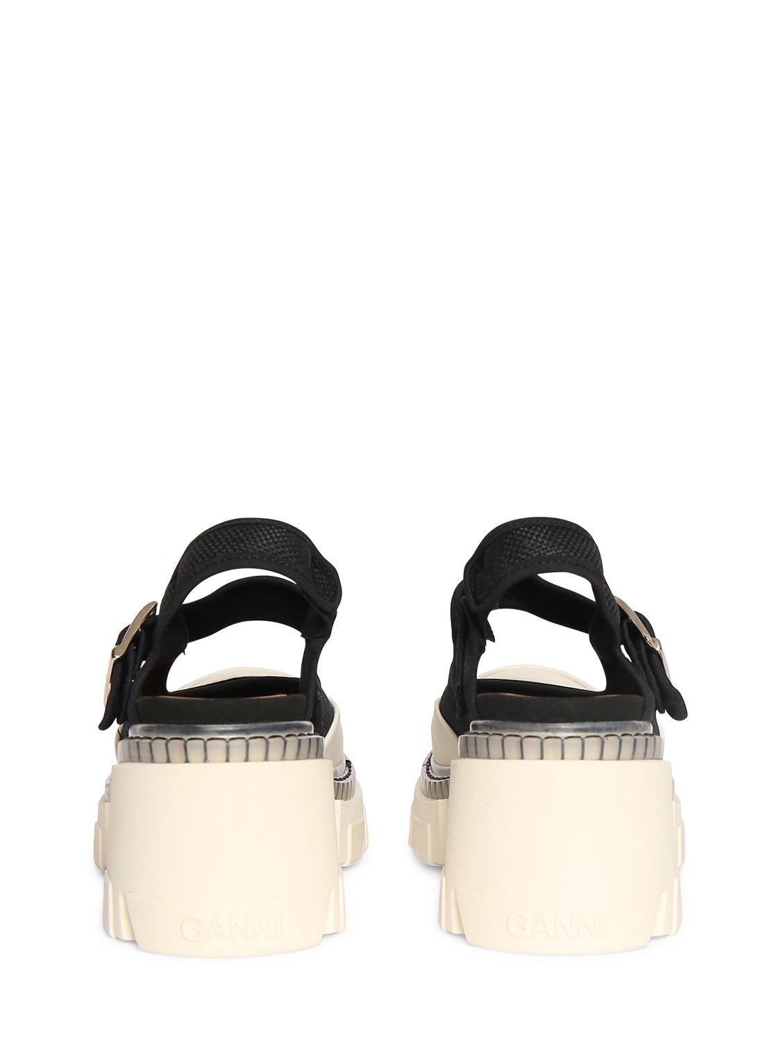 Shop Ganni 85mm Cleated Heeled Slingback Sandals In Black,white