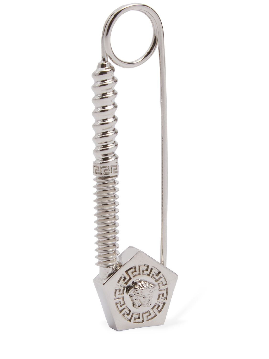 Shop Versace Safety Pin Medusa Brooch In Palladium