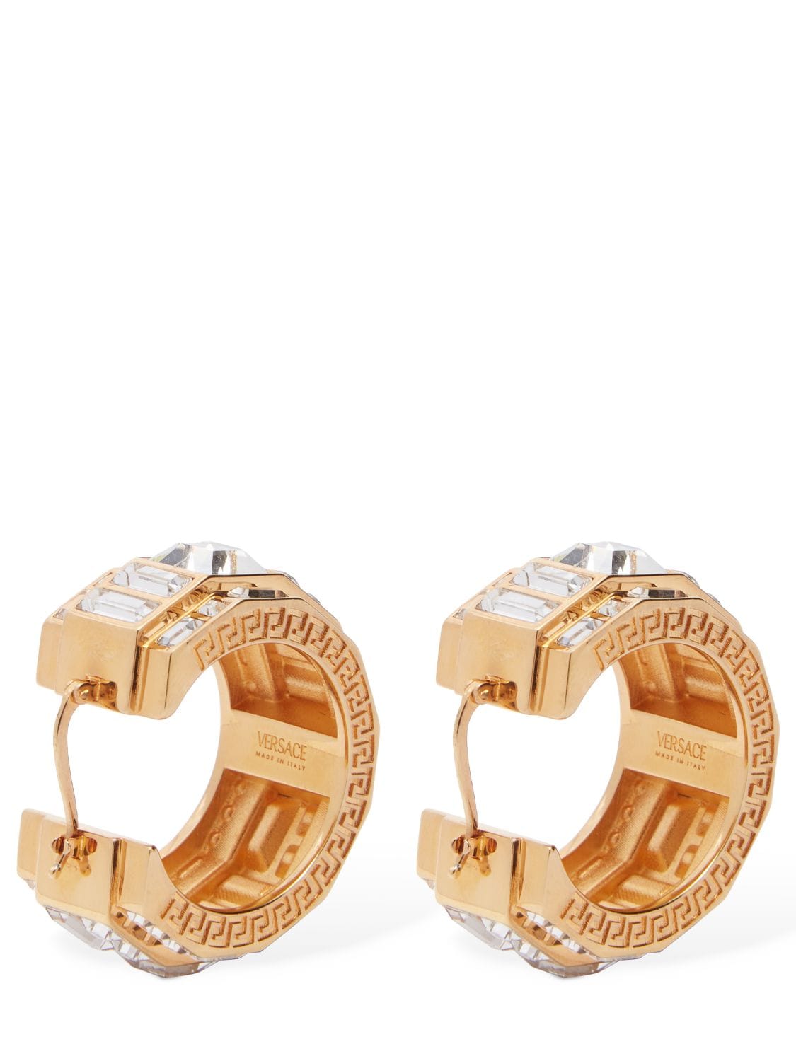 Shop Versace Crystal Hoop Earrings In Gold,crystal