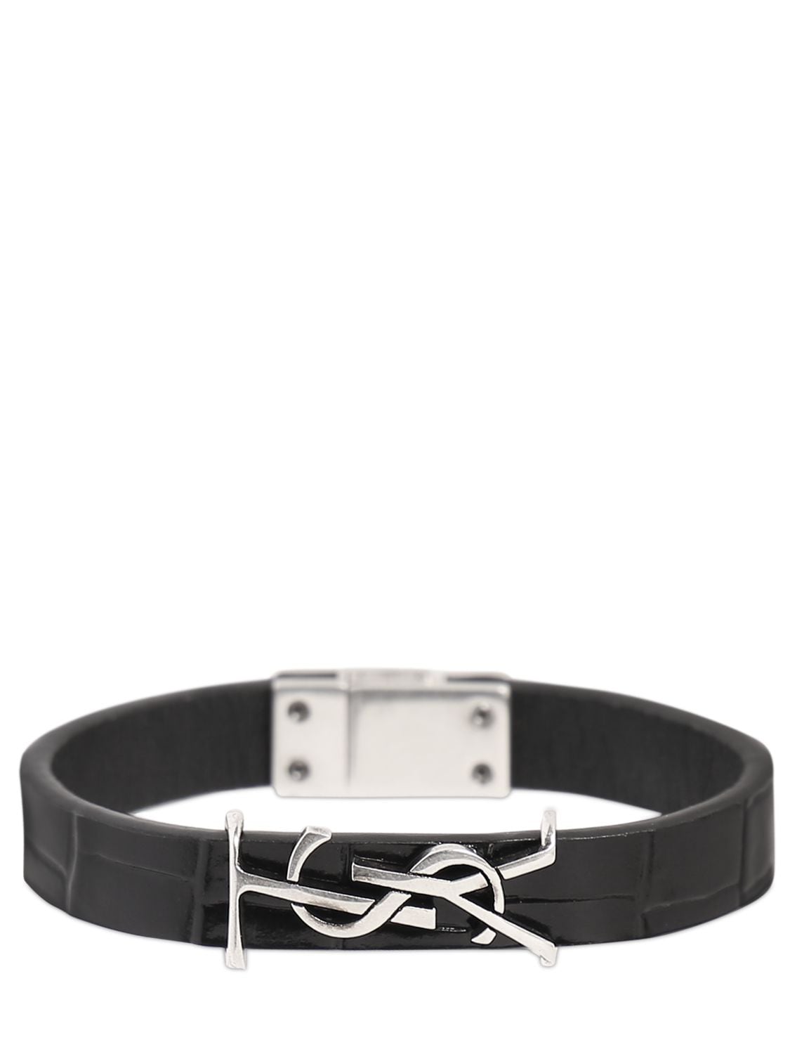 Shop Saint Laurent Ysl Single Wrap Leather Bracelet In 블랙